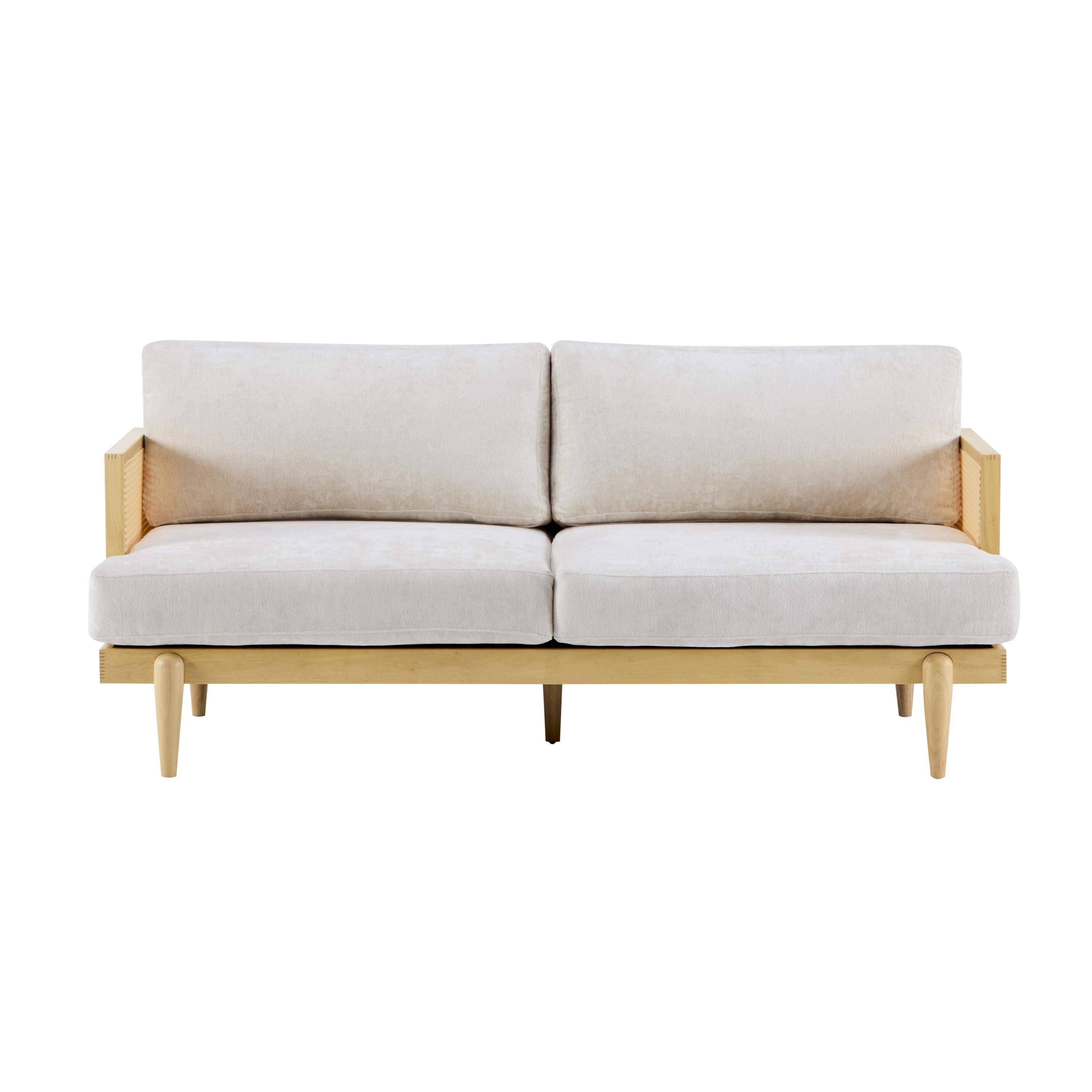 Front. Roomtec - EMIR 72 inch Square Arm 3Seater Boucle Sofa with Cane Rattan and Wooden FrameNaturalLiving RoomsBedroomsApartment Office - Natural+Beige.