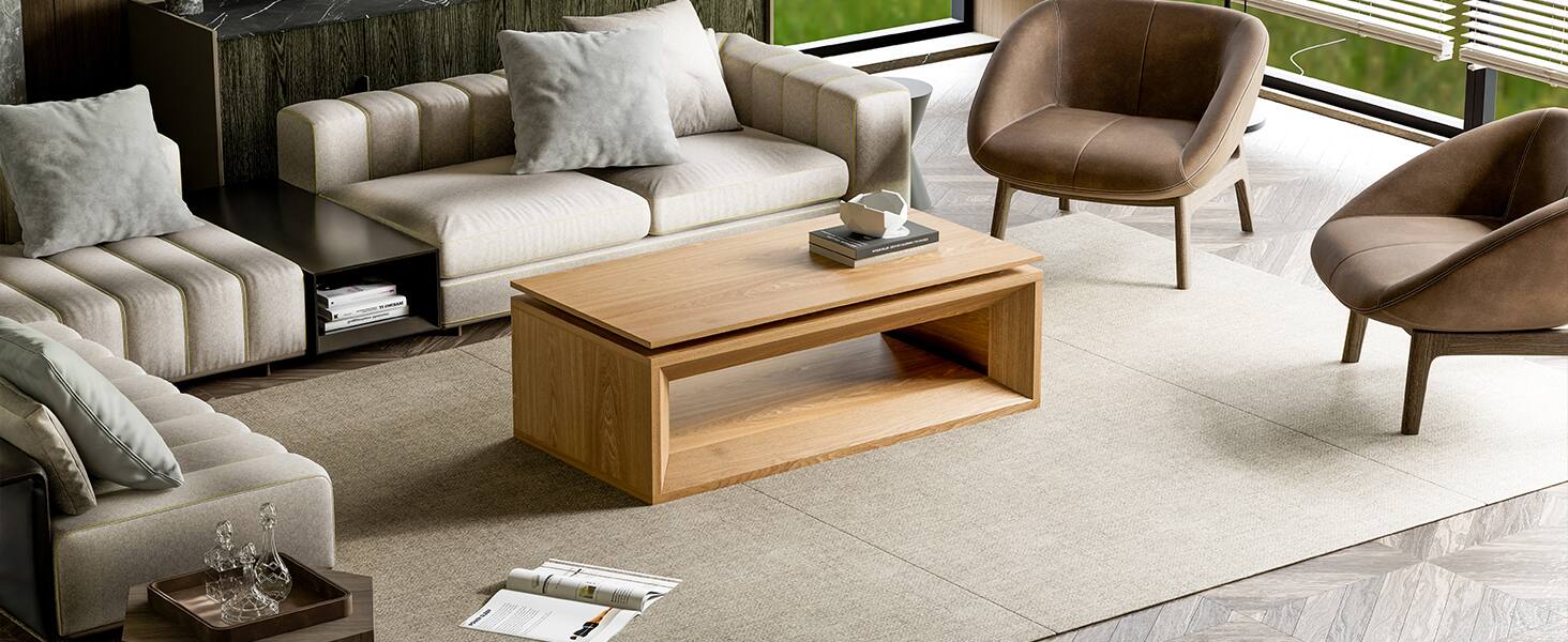 Alt View 6. Loheer - Loheer Lift-Top Coffee Table 43.3 Inch, Solid Wood Veneer, Hidden Storage, Adjustable Height, Natural Wood Finish - Natural Wood.