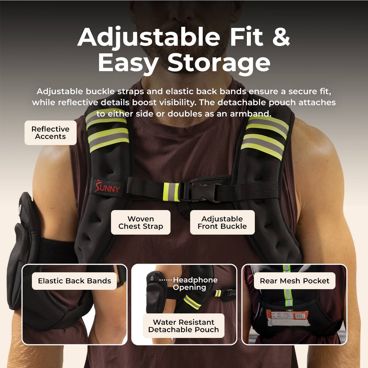 Adjustable Fit & Easy Storage

Adjustable buckle straps and elastic back bands ensure a secure fit, while reflective details boost visibility. The detachable pouch attaches to either side or doubles as an armband.

- Reflective Accents
- Woven Chest Strap
- Adjustable Front Buckle
- Elastic Back Bands
- Headphone Opening
- Rear Mesh Pocket
- Water Resistant Detachable Pouch
