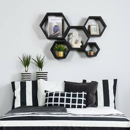 Oumilen - Set of 5 Hexagonal Floating Wall Shelves - Black