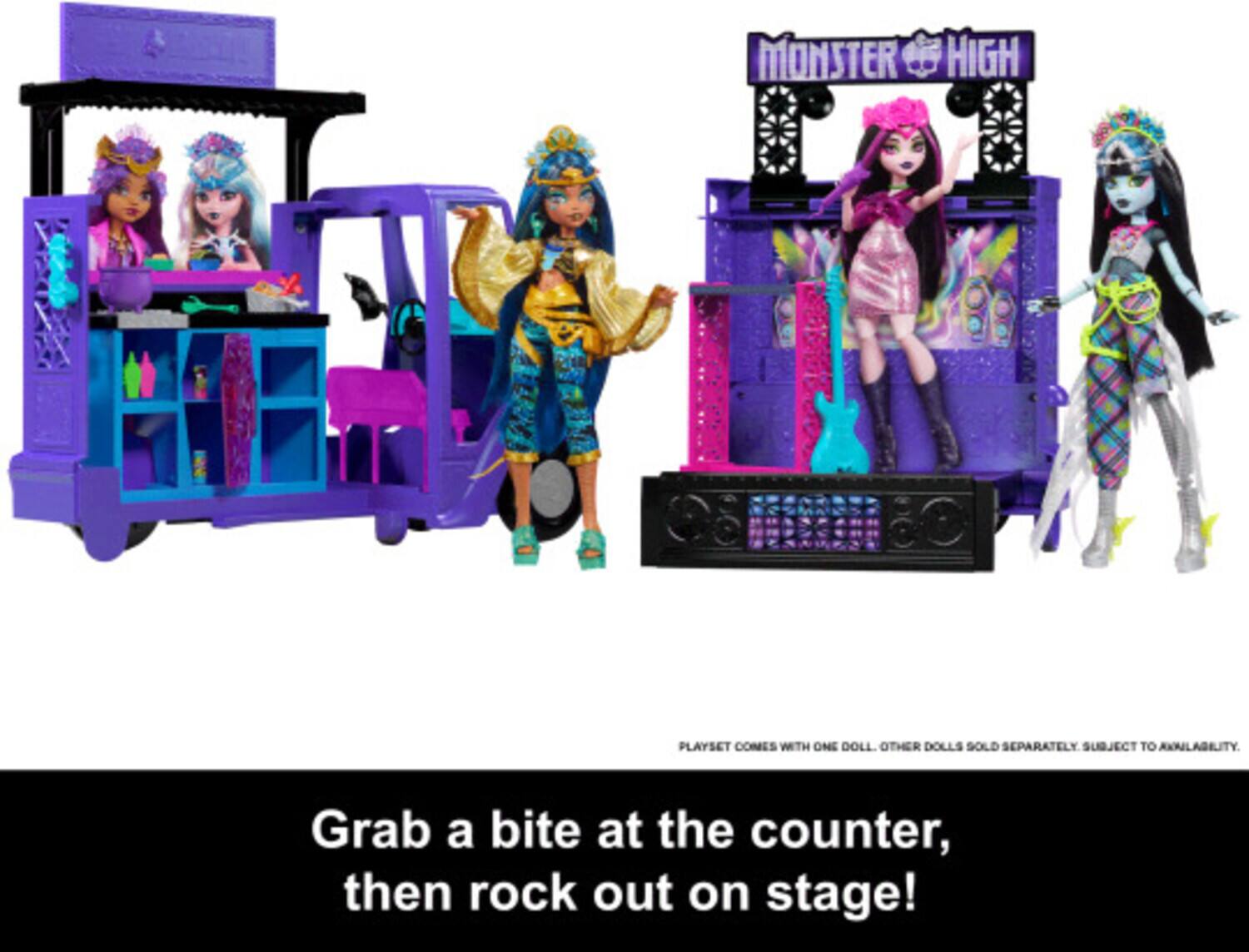 MONSTER HIGH PLAYSET COMES WITH ONE DOLL. OTHER DOLLS SOLD SEPARATELY SUBJECT TO AVAILABILITY.

Grab a bite at the counter, then rock out on stage!