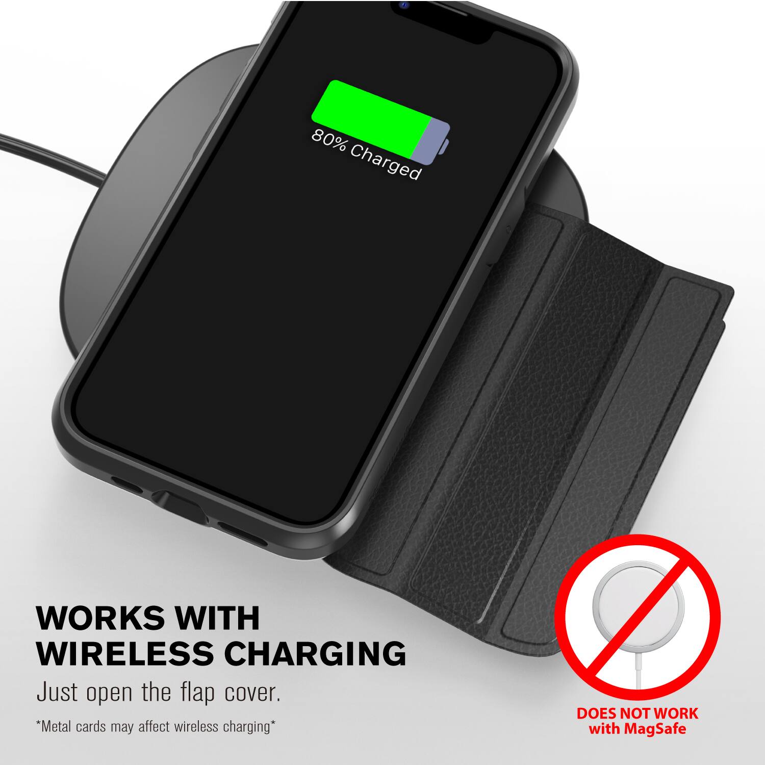 80% Charged
WORKS WITH WIRELESS CHARGING
Just open the flap cover.
"Metal cards may affect wireless charging"
DOES NOT WORK with MagSafe