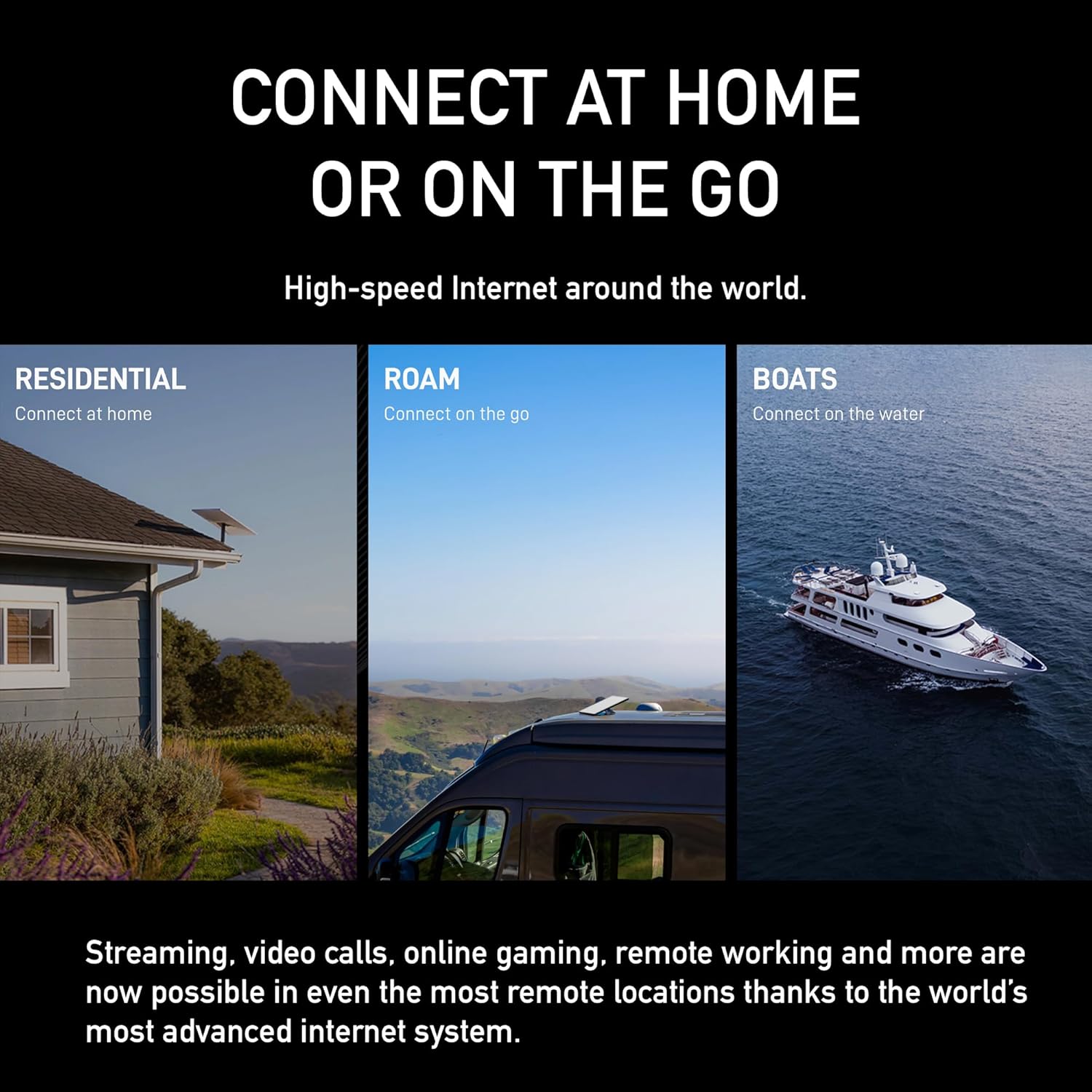 CONNECT AT HOME OR ON THE GO

High-speed Internet around the world.

RESIDENTIAL  
Connect at home

ROAM  
Connect on the go

BOATS  
Connect on the water

Streaming, video calls, online gaming, remote working and more are now possible in even the most remote locations thanks to the world's most advanced internet system.