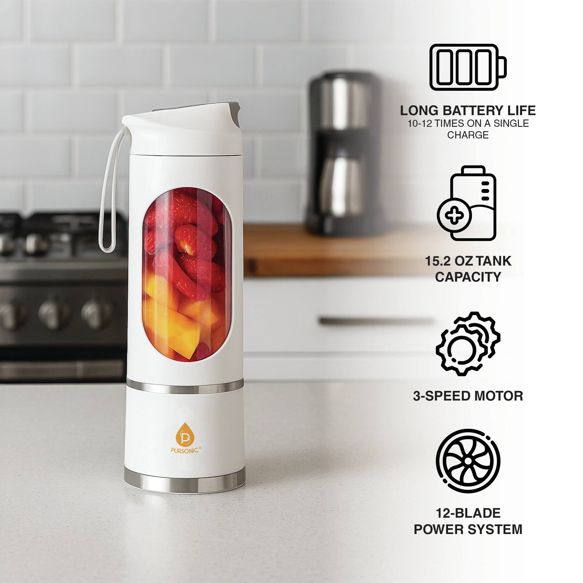 LONG BATTERY LIFE  
10-12 TIMES ON A SINGLE CHARGE  

15.2 OZ TANK CAPACITY  

3-SPEED MOTOR  

12-BLADE POWER SYSTEM