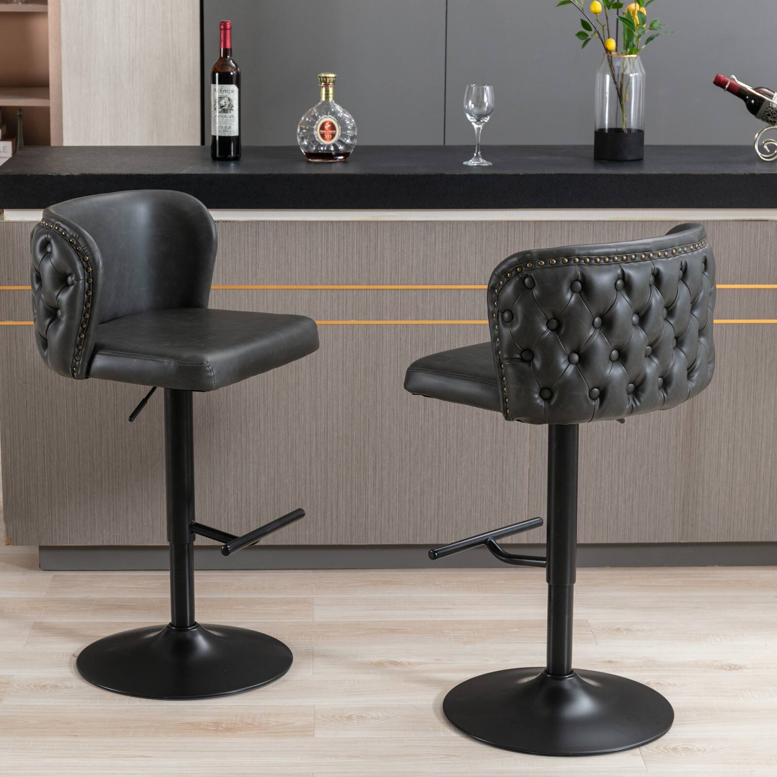 Front. Trinkets Crazed - Swivel Barstools Set of 2, Adjusatble Seat Height with Black Base, Classic PU Upholstered Bar Stools - Black.