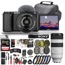 ZV-E10 Mirrorless Camera W/ 16-50mm II Lens (Black) + Sony 18-105mm Lens + 64GB + More (International Model)