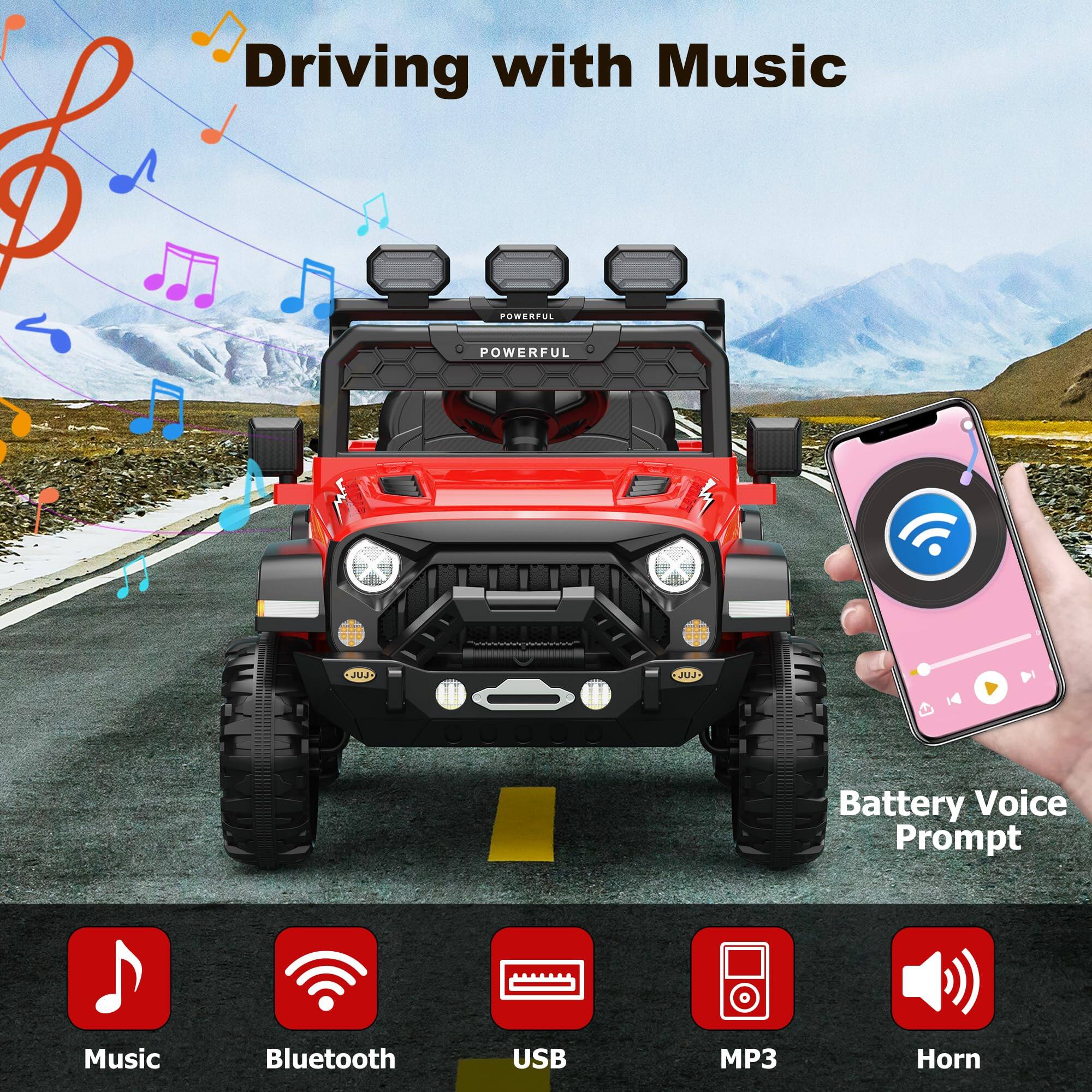 Driving with Music

- Music
- Bluetooth
- USB
- MP3
- Horn

Battery Voice Prompt