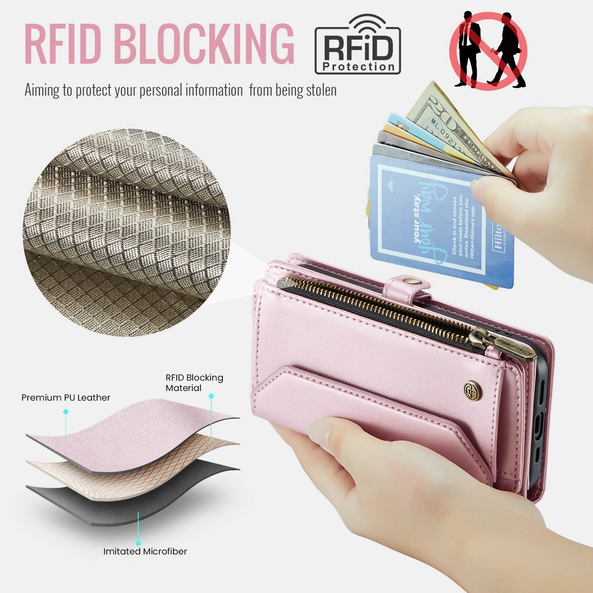 RFID BLOCKING  
RFiD Protection  
Aiming to protect your personal information from being stolen  

Premium PU Leather  
RFID Blocking Material  
Imitated Microfiber