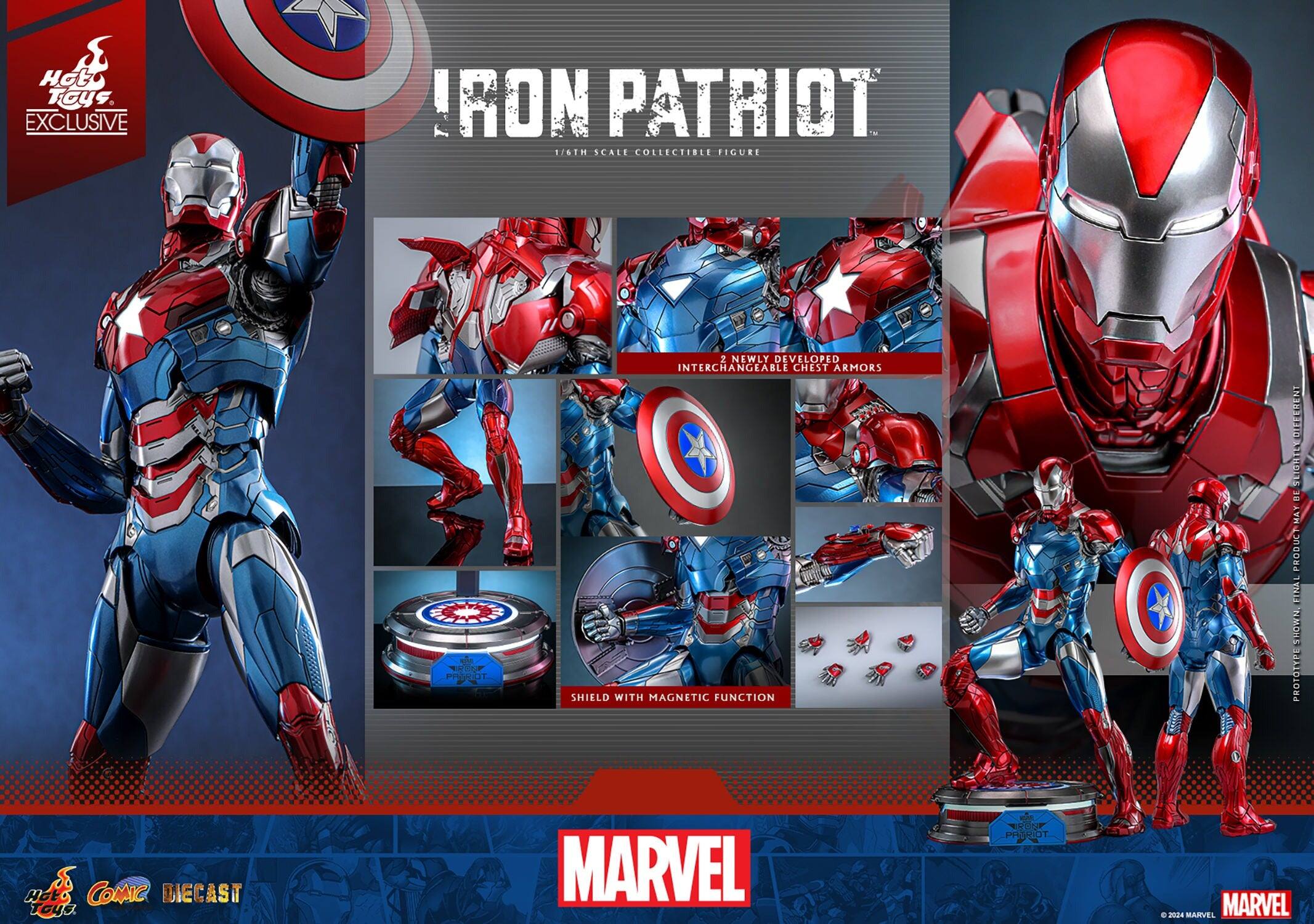 Hot Toys. EXCLUSIVE IRON PATRIOT 1/6TH SCALE COLLECTIBLE FIGURE. 2 NEWLY DEVELOPED INTERCHANGEABLE CHEST ARMORS. SHIELD WITH MAGNETIC FUNCTION. COMIC DIECAST. MARVEL