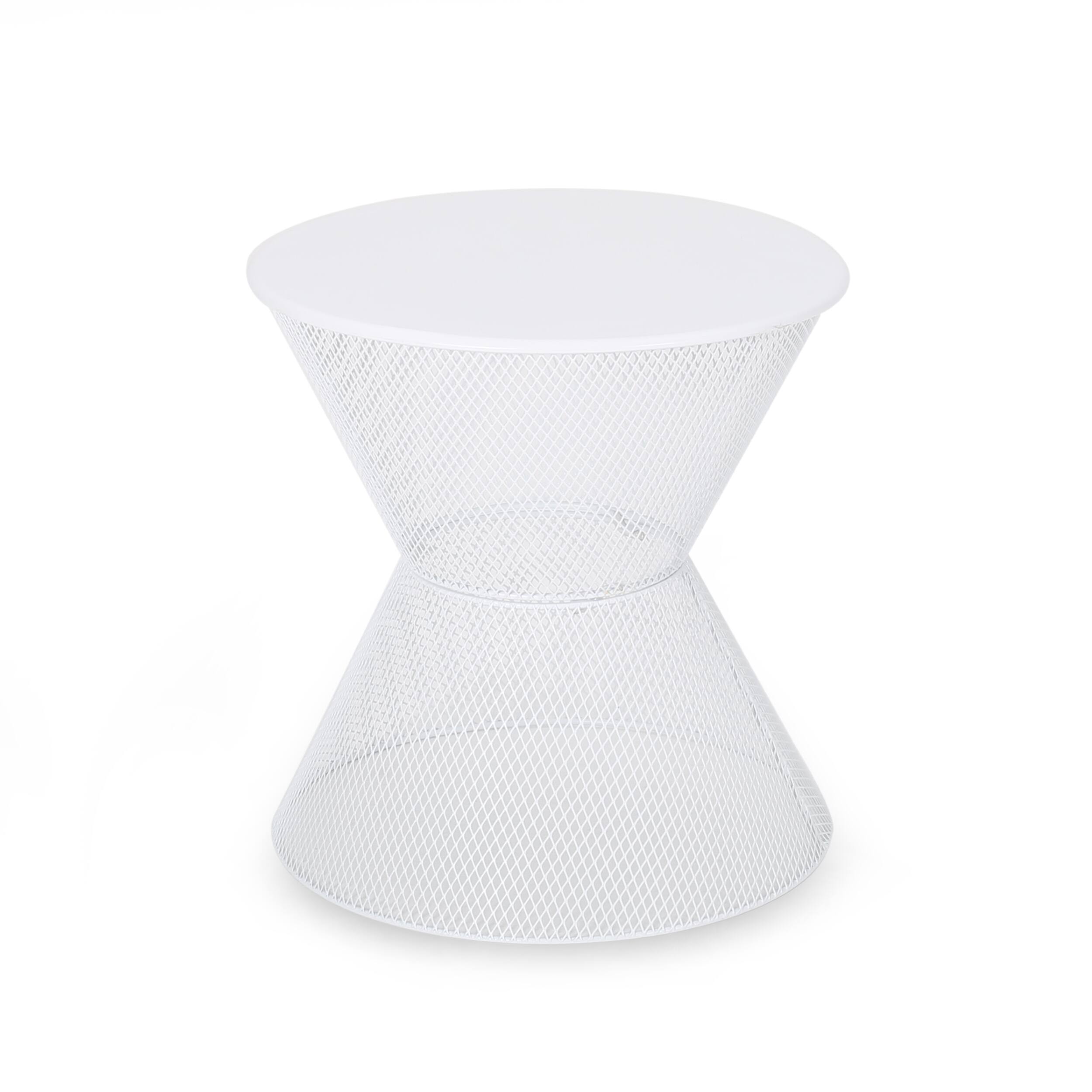 Angle. APRILSOUL - Contemporary Side Table with Mesh Design in Matte White Iron - Matte White.