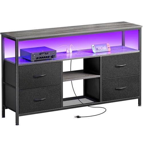 Hirose Alice - Tv Stand Dresser With Power Outlets And Led Lights 4 Drawers Entertainment Center Open Shelf Media Console For - Grey and Black-47.2 Inches