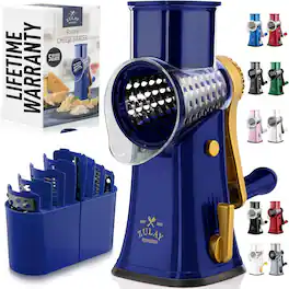 Zulay Kitchen - Rotary Cheese Grater 5 Blade Cheese Shredder with Reinforced Suction & 5 Interchangeable Drums - Blue and Gold
