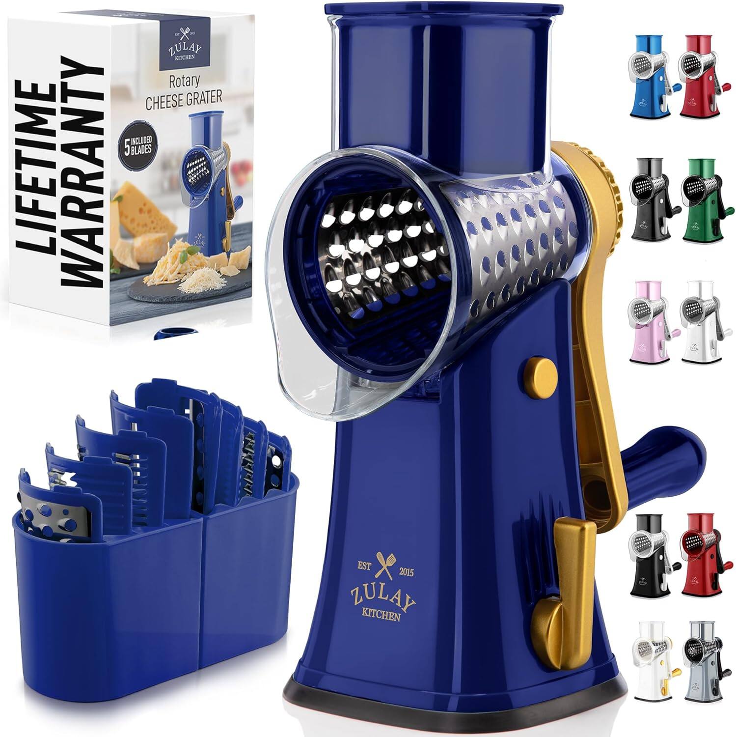 Zulay Kitchen - Rotary Cheese Grater 5 Blade Cheese Shredder with Reinforced Suction & 5 Interchangeable Drums - Blue and Gold