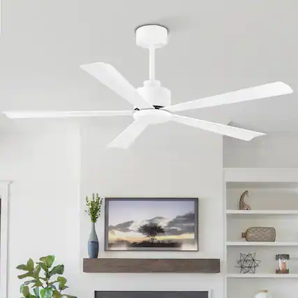 Front. Breezary - 52'' Modern Indoor Ceiling Fan without Light, 5 ABS Blades, 6-Speed Reversible DC Motor, Remote Control, 5-Inch Downrod - Matte White.