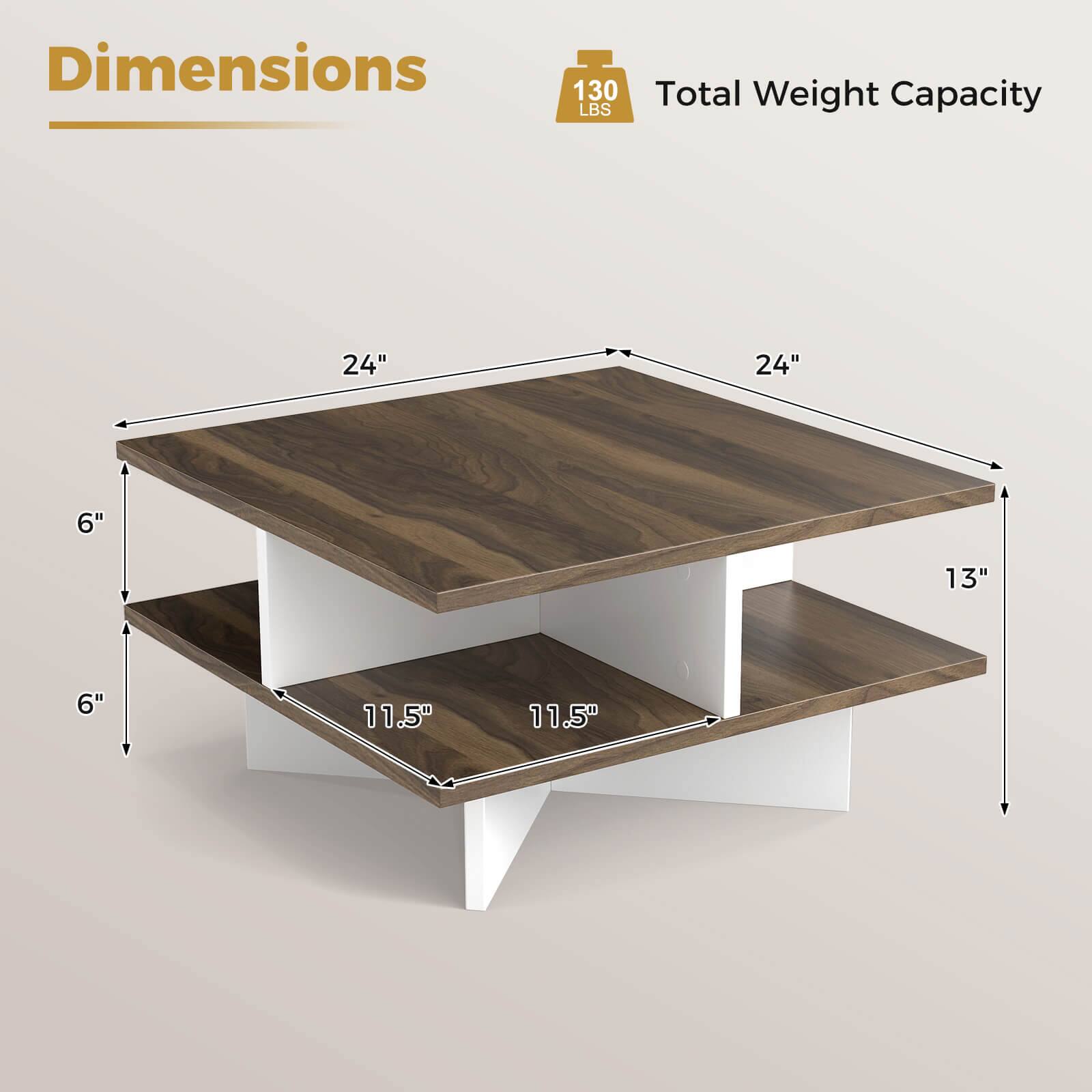 Dimensions:  
- Top Shelf: 24" x 24"  
- Bottom Shelf: 11.5" x 13"  
- Height: 6"  
- Depth: 13"  

Total Weight Capacity: 130 LBS