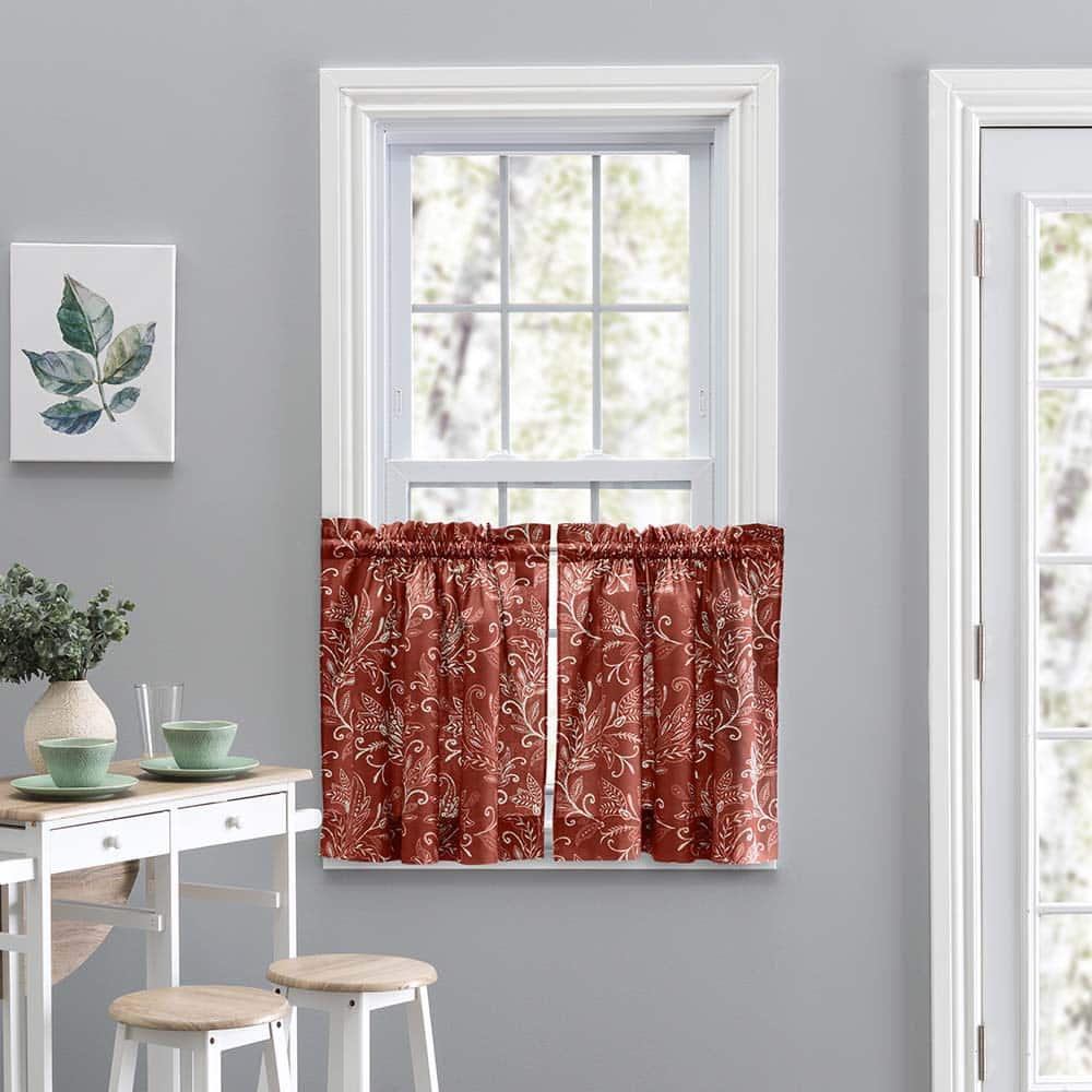 Ellis Curtain - Lexington Leaf Pattern on Colored Ground Curtain Tiers 56"x24" - Brick