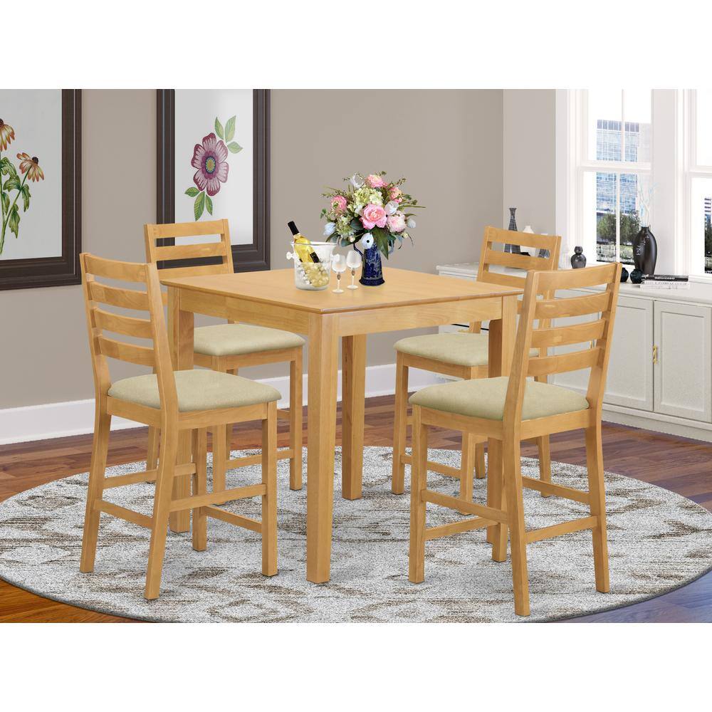 Left. East West Furniture - PBCF5-OAK-C 5 PC counter height Table and chair set - counter height Table and 4 dinette Chairs. - Oak.