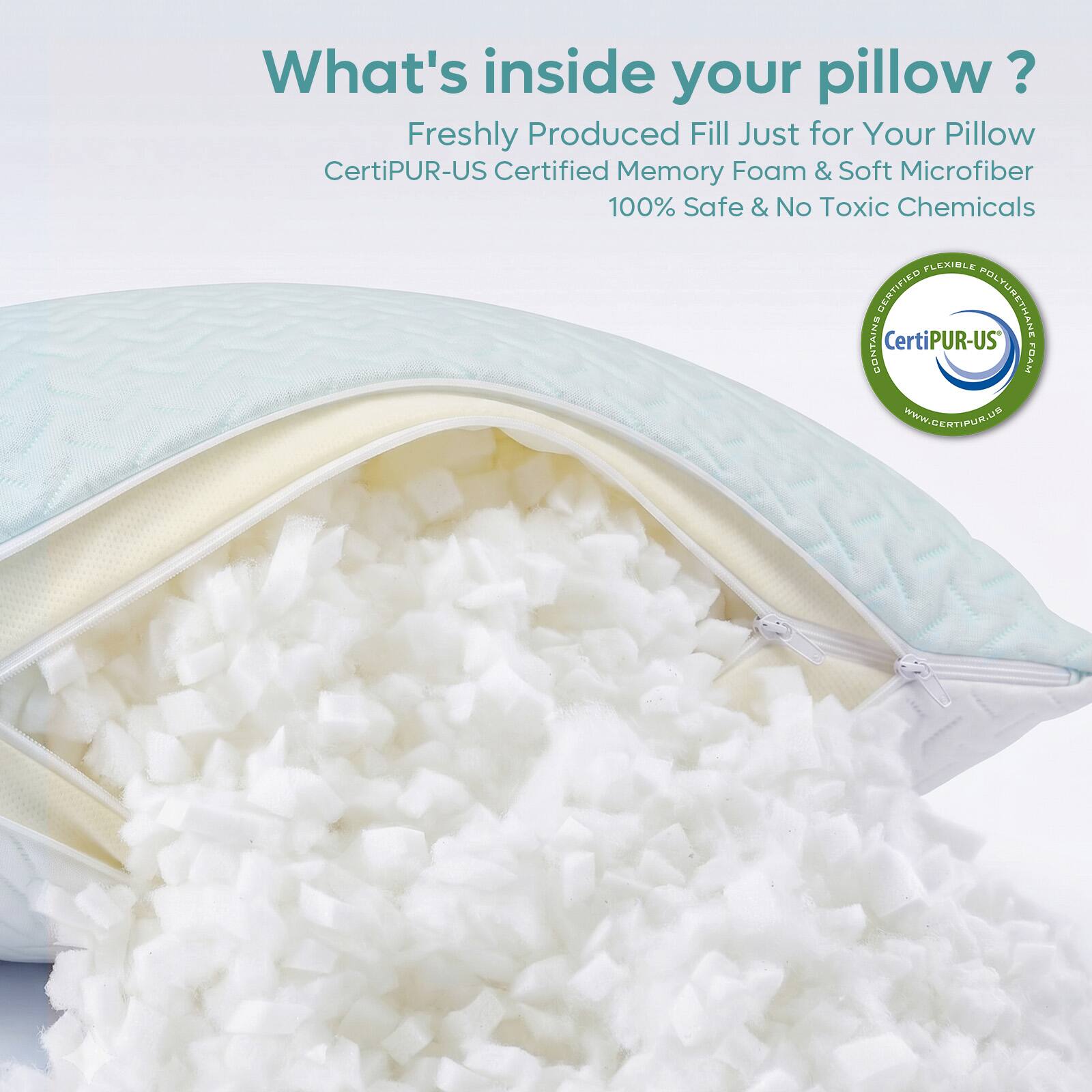 What's inside your pillow?  
Freshly Produced Fill Just for Your Pillow  
CertiPUR-US Certified Memory Foam & Soft Microfiber  
100% Safe & No Toxic Chemicals  

FLEXIBLE CERTIFIED POLYURETHANE CONTAINS CertiPUR-US FOAM  

www.CERTIPUR.US