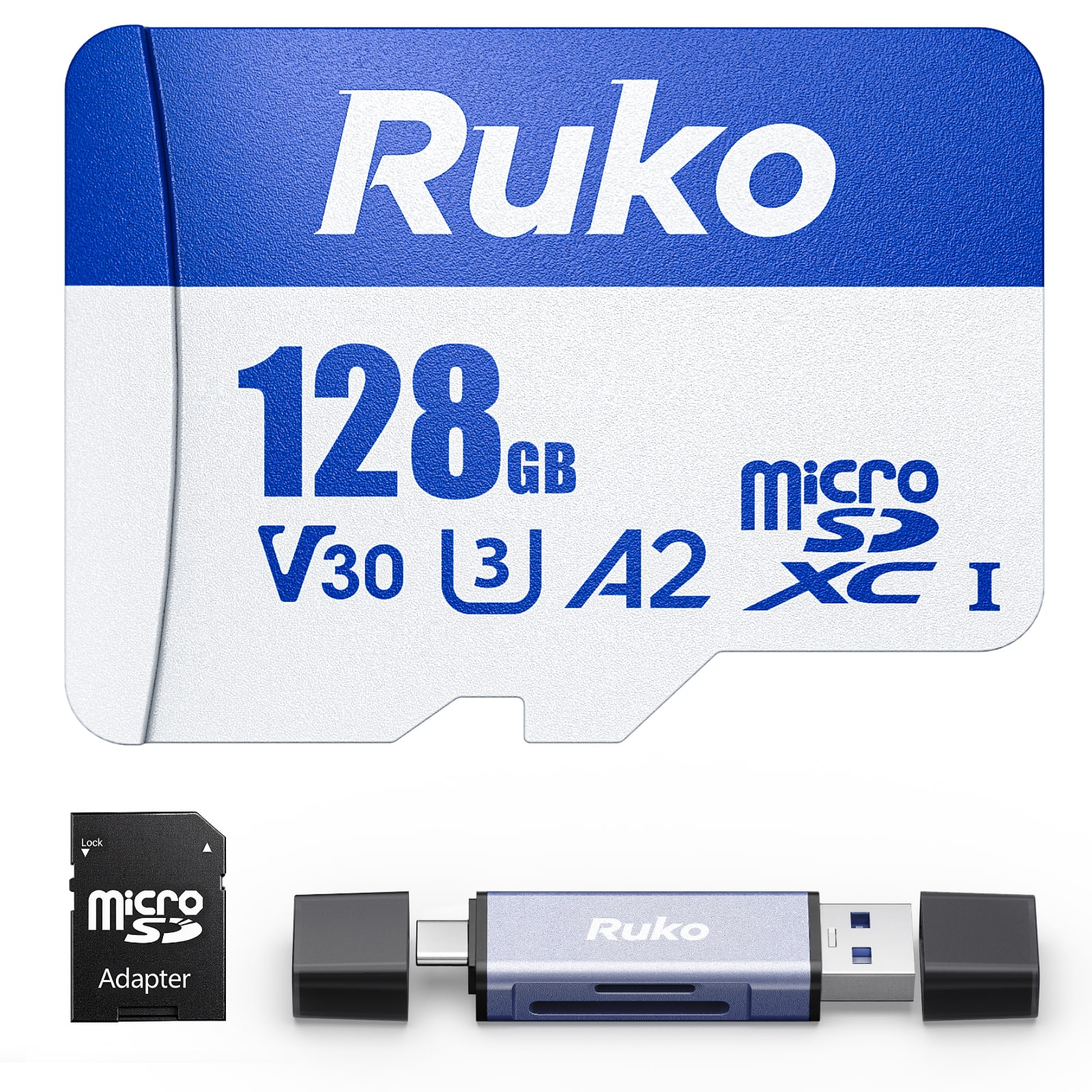 Ruko - 128G Micro SD Card with Reader & Adapter, Memory Card Speed Up to 100MB/s