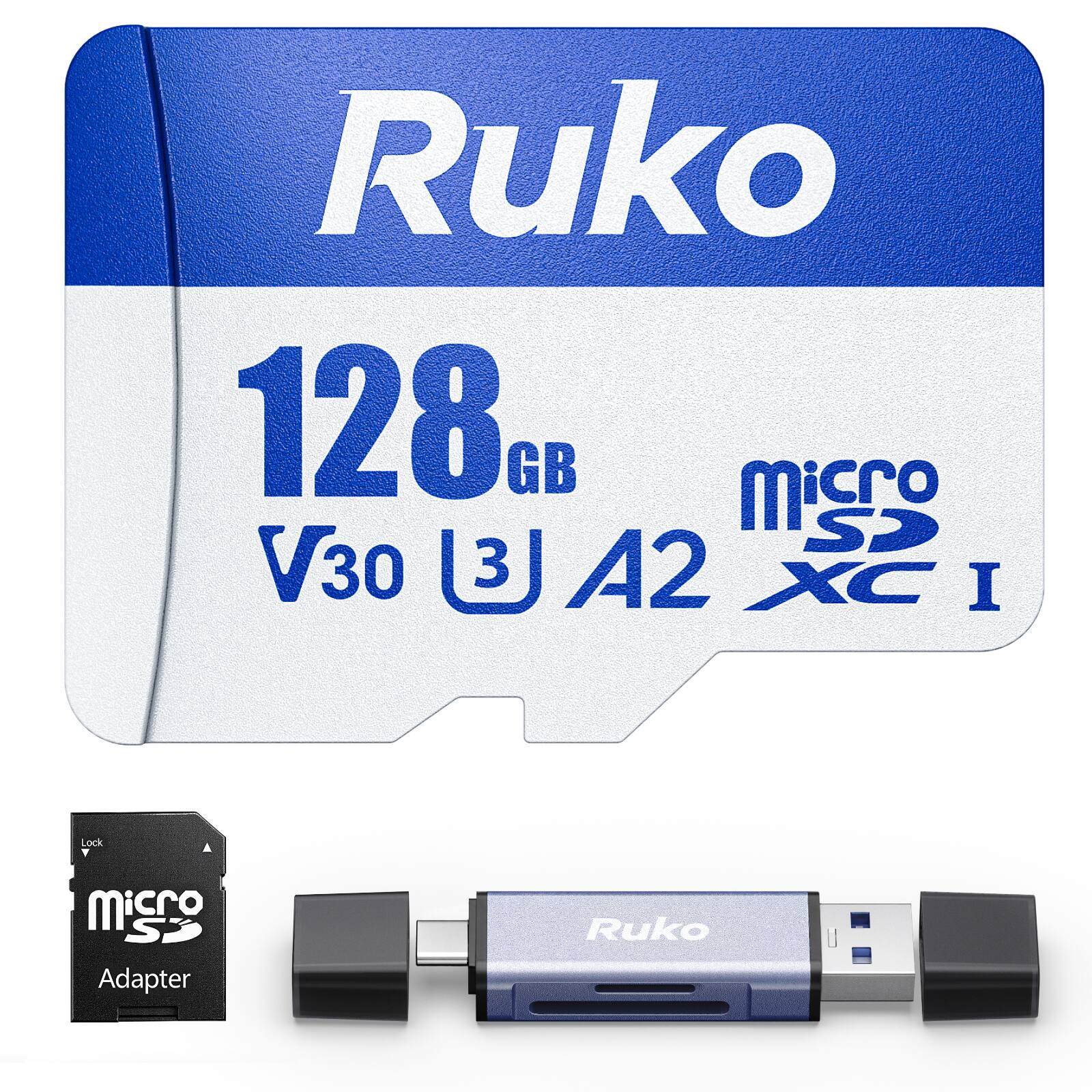 Ruko 128GB Micro SD V30 A2 XC I Lock Adapter