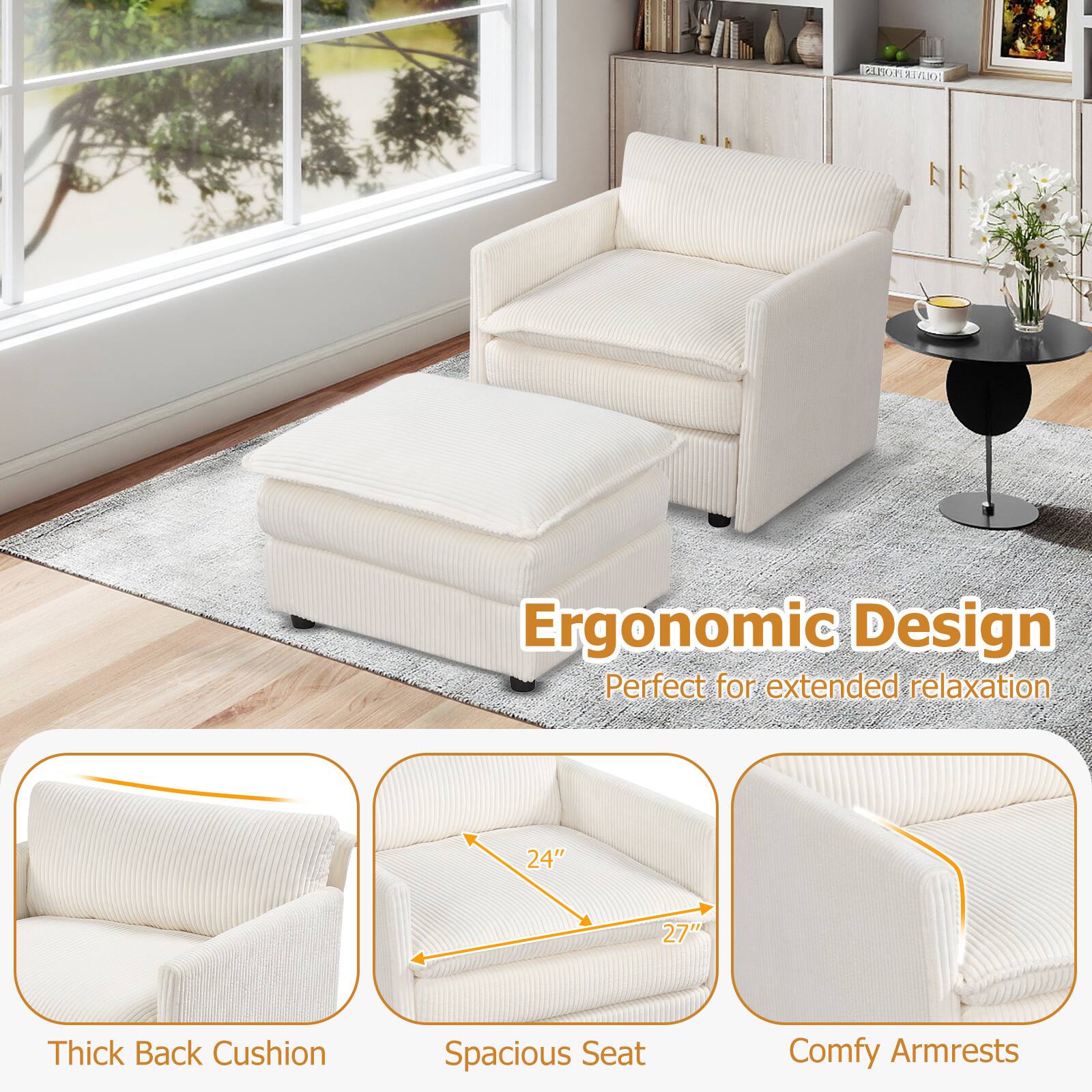 PEOPLES VOLVER

Ergonomic Design
Perfect for extended relaxation

24"
27"

Thick Back Cushion
Spacious Seat
Comfy Armrests