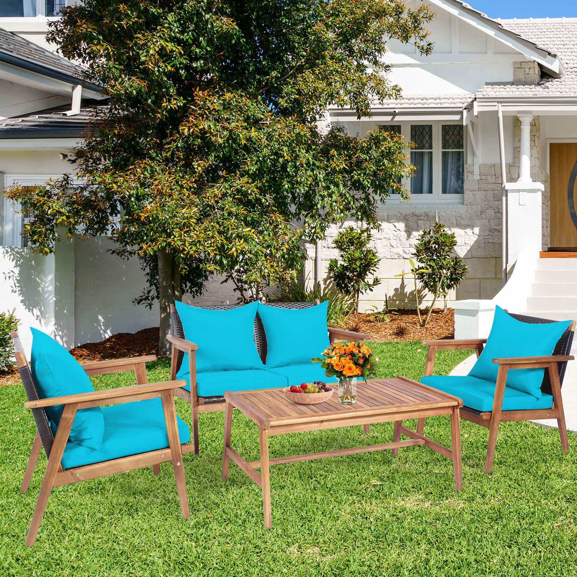 Gymax - 4PCS Patio Conversation Set Wood Frame Furniture Set w/ Cushions - Turquoise price history on PriceWatchPro