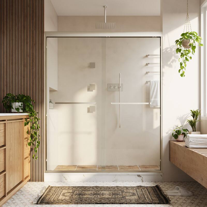 Left. WELLFOR - 56-60 in W x 72 in H Framed Shower Door with Double Sliding & Stainless Steel Towel Bar Handle, 1/4" Tempered Glass - Brushed Nickel.