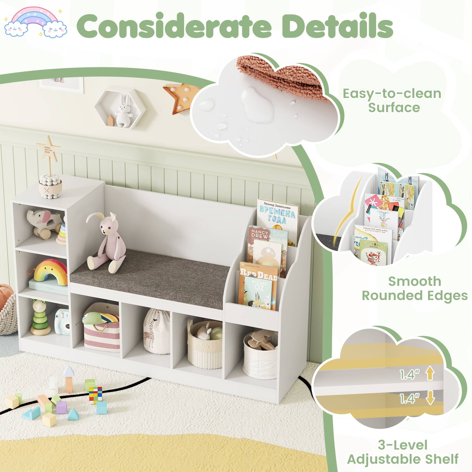 Considerate Details

- Easy-to-clean Surface
- Smooth Rounded Edges
- 3-Level Adjustable Shelf

1.4" x 1.4"