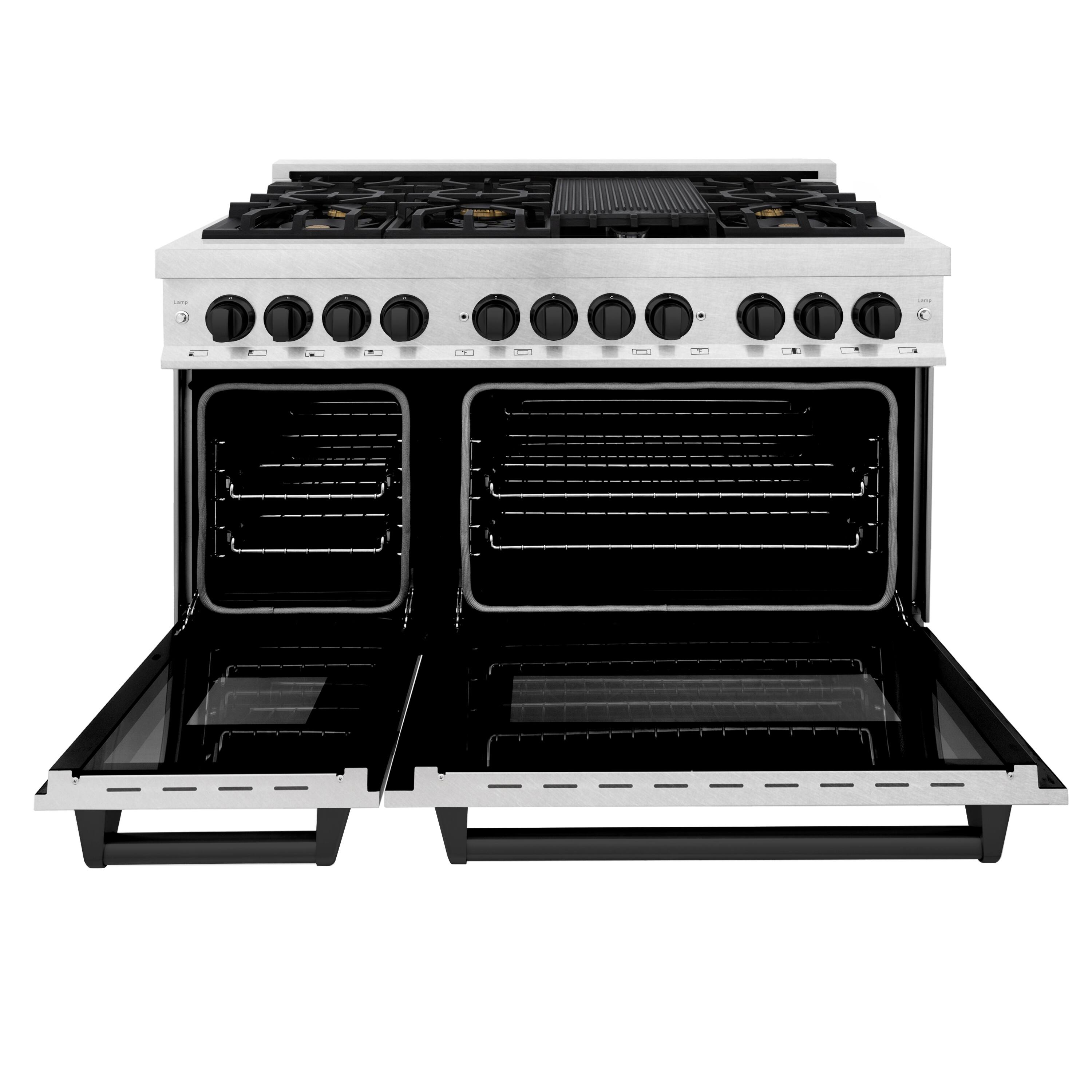 Left. ZLINE - ZLINE Autograph 48 in. Legacy Dual Fuel Range in Satin Steel & Black Accents (RASZ-SN-48-MB) - Satin Stainless Steel.