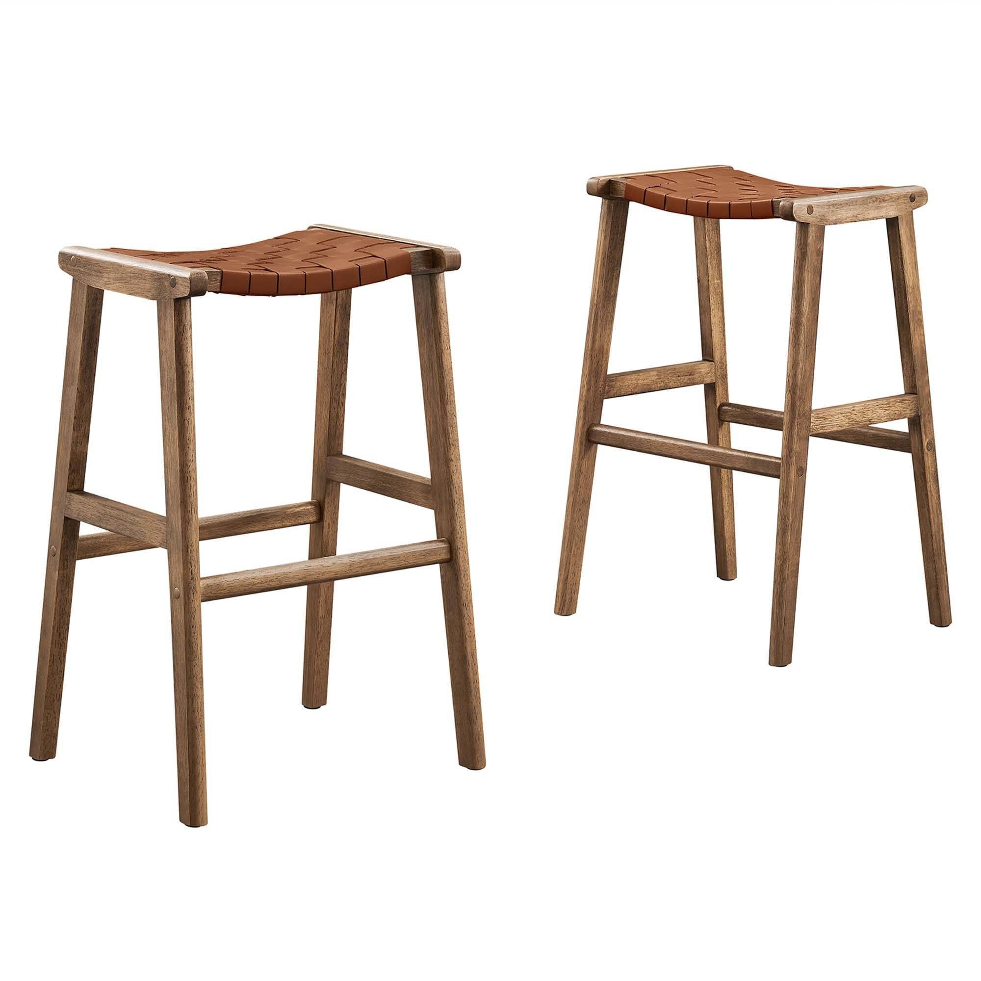 Angle. Modway - Saoirse Leather Wood Bar Stool Set of 2 by Modway - Walnut Brown.