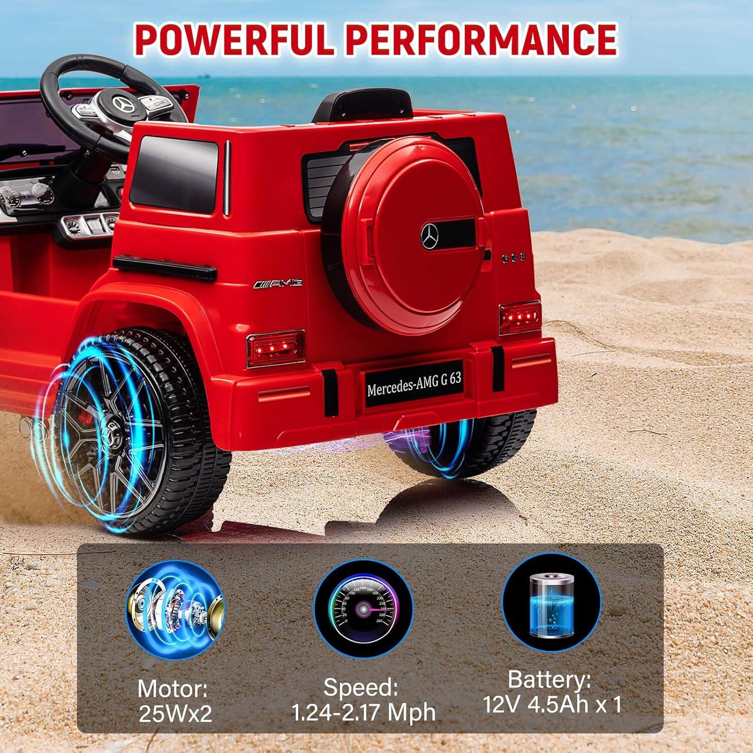 POWERFUL PERFORMANCE

Mercedes-AMG G 63

Motor: 25Wx2  
Speed: 1.24-2.17 Mph  
Battery: 12V 4.5Ah x 1