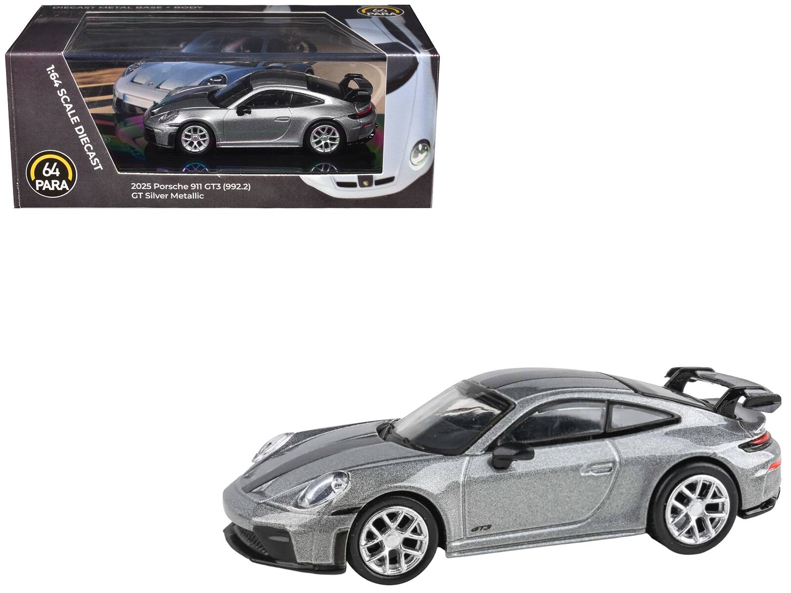 2025 Porsche 911 GT3 (992.2) GT with Carbon Stripe 1/64 Diecast Model Car by Paragon Models - Silver Metallic