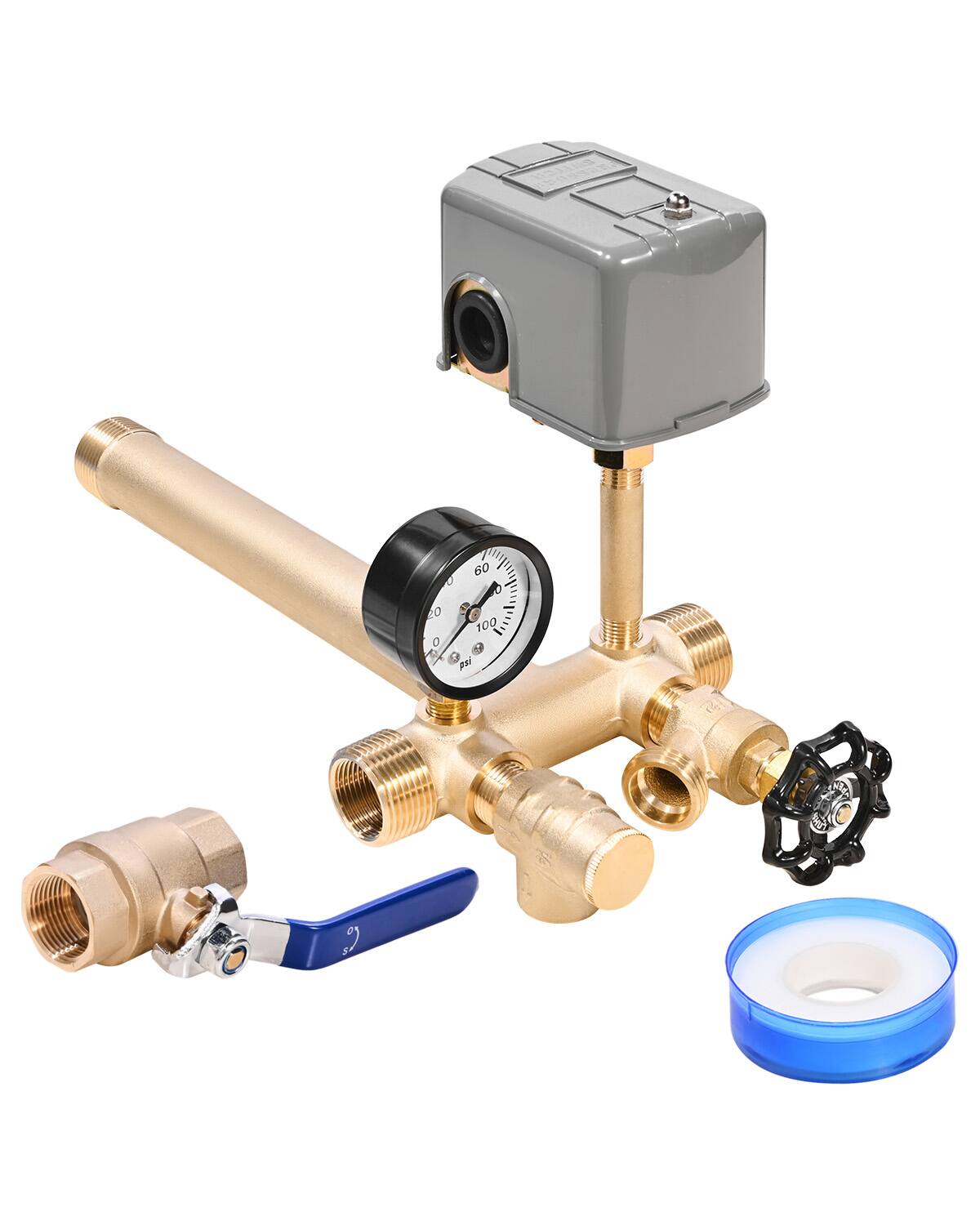 Front. VEVOR - 1" x 11" Well Pressure Tank Tee Kit, with 30/50PSI Switch, 8-Pieces Pure Brass Pressure Tank Installation Kit - Brass natural color.