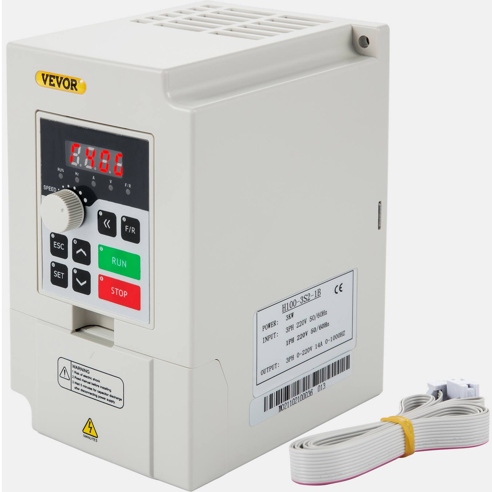 VEVOR

RUN SPEED
82

A I

FIR

F/R ESC 0 RUN SET STOP WARNING

1. Risk d
2. Read

- Fibert Calories and the minutes by prilisters pricenced - DOWNER - - MINUTES

CE H100-3S2-1B 3KW 50/60Hz

POWER: 3PH 220V 50/60Hz
INPUT: 1PH 220V 0-1000Hz 14A
OUTPUT: 3PH 0-220V