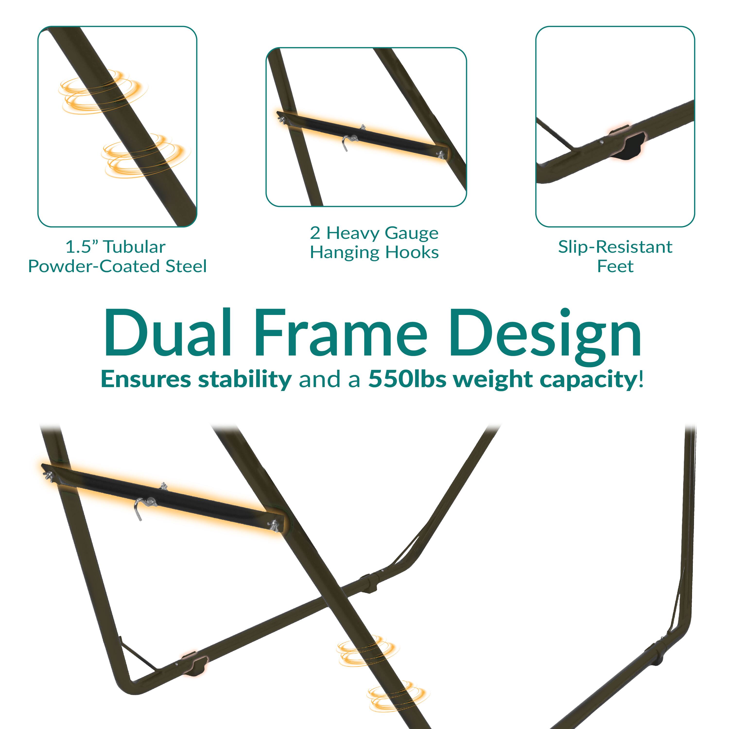 1.5" Tubular Powder-Coated Steel  
2 Heavy Gauge Hanging Hooks  
Slip-Resistant Feet  

Dual Frame Design  
Ensures stability and a 550lbs weight capacity!
