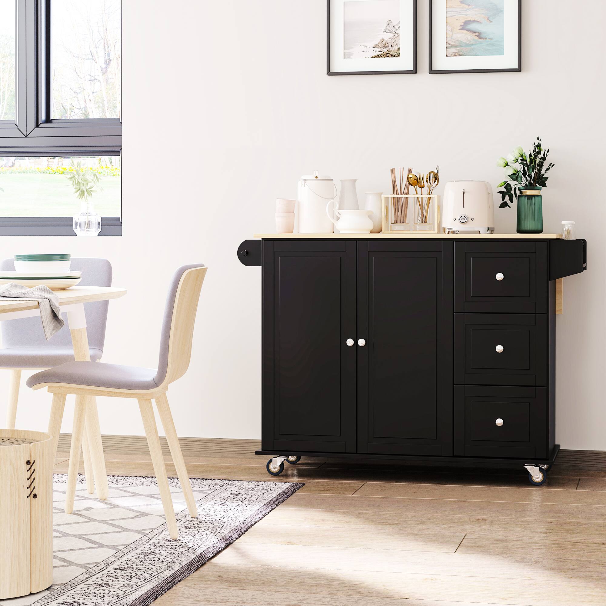 Alt View 1. Homcom - Trolley Cart on Wheels, Mobile Kitchen Island with Drop Leaf, Towel/Spice Rack, 3 Drawers - Black.