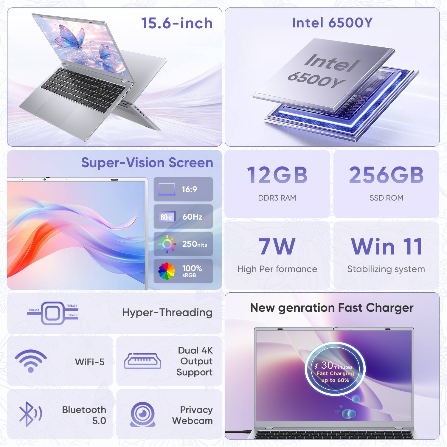 15.6-inch  
Intel 6500Y  
Super-Vision Screen 16:9  
12GB DDR3 RAM  
256GB SSD  
60Hz  
250nits 100% sRGB  
7W High Performance  
Win 11 Stabilizing system  
Hyper-Threading  
New generation Fast Charger  
WiFi-5  
Dual 4K Output Support  
Bluetooth 5.0  
Privacy Webcam