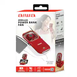 Aiwa - 4000mAh Portable Fan & Power Bank with Neck Strap, 3-Speed Foldable Personal Fan, Phone Stand & 180 Adjustable Tilt - Red