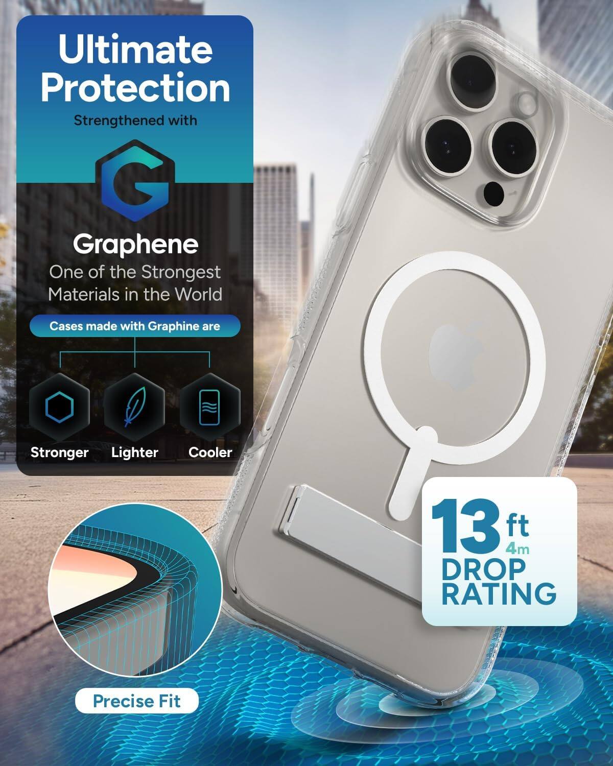 Ultimate Protection  
Strengthened with Graphene  
One of the Strongest Materials in the World  

Cases made with Graphene are  
Stronger  
Lighter  
Cooler  

13 ft 4m DROP RATING  

Precise Fit