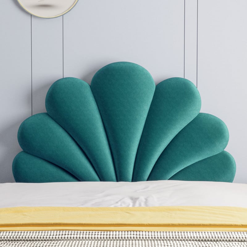 wowmax - Queen Size Seashell Headboard - Soft PP Cotton Upholstered Pillow, Scalloped Design for Coastal Bedroom Decor - Lake Blue