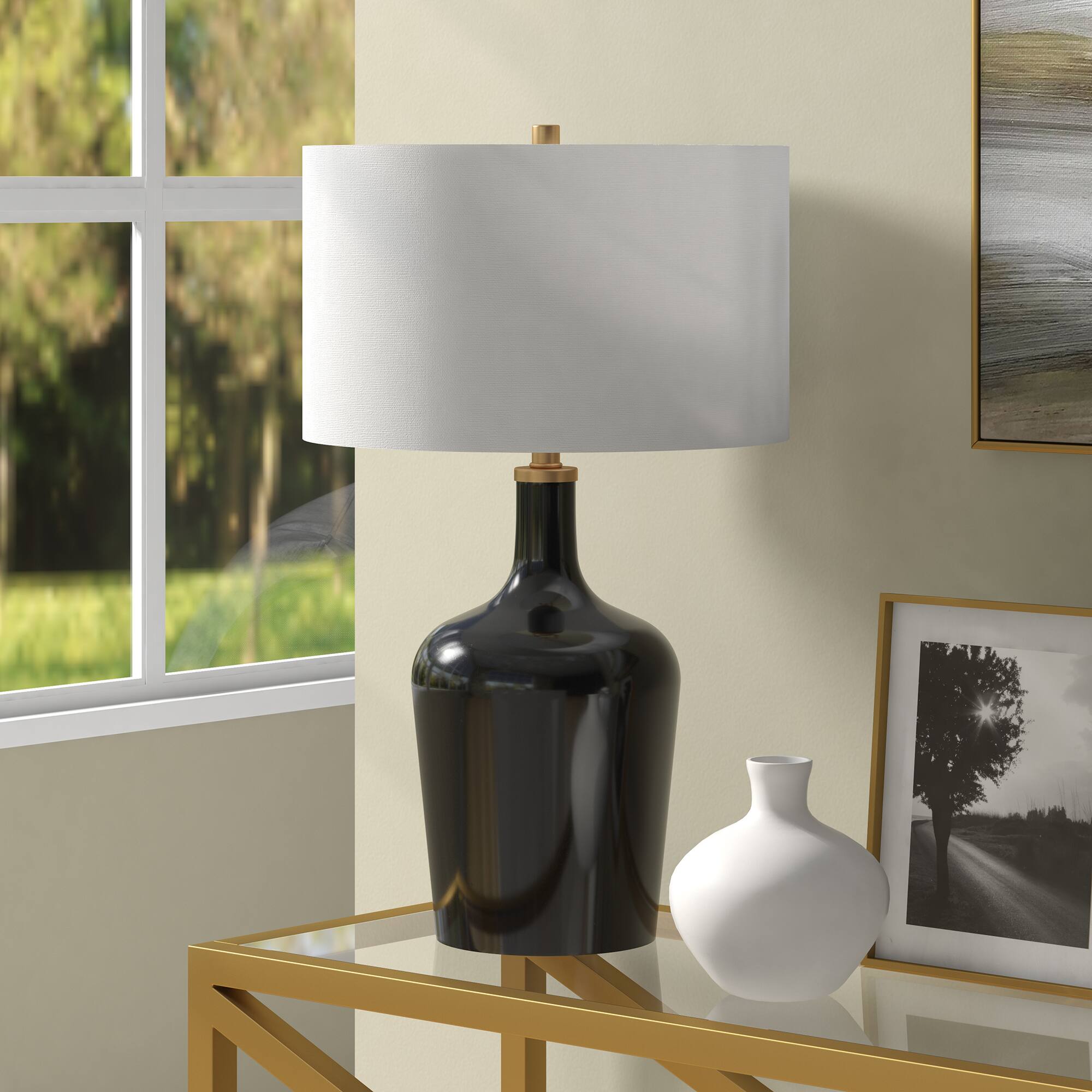 Left. Hudson&Canal - Sebago 25" Tall Table Lamp with Fabric Shade in Black/White - Black.