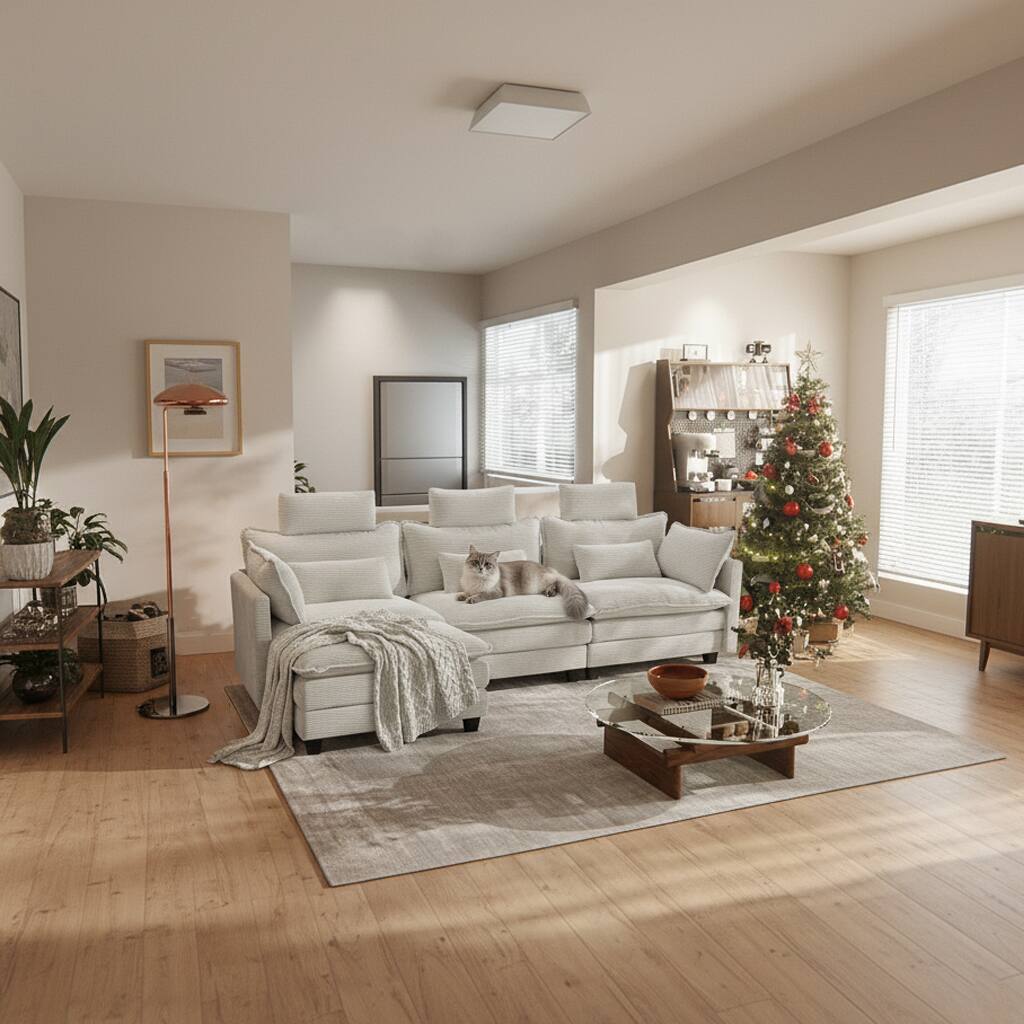 Alt View 9. Homsee - Corduroy L-Shaped Sectional Sofa, 4-Seater Living Room Couch with High Backrest, Pocket Springs & Plush Pillows - White.