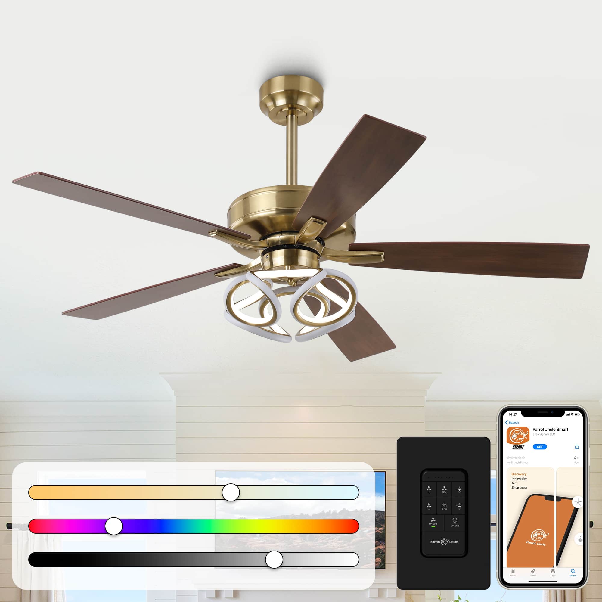 Parrot Uncle - 52" Modern Smart Dimmable LED Ceiling Fan with Light and Remote, with App Control and LED RGB Color Changing - Gold