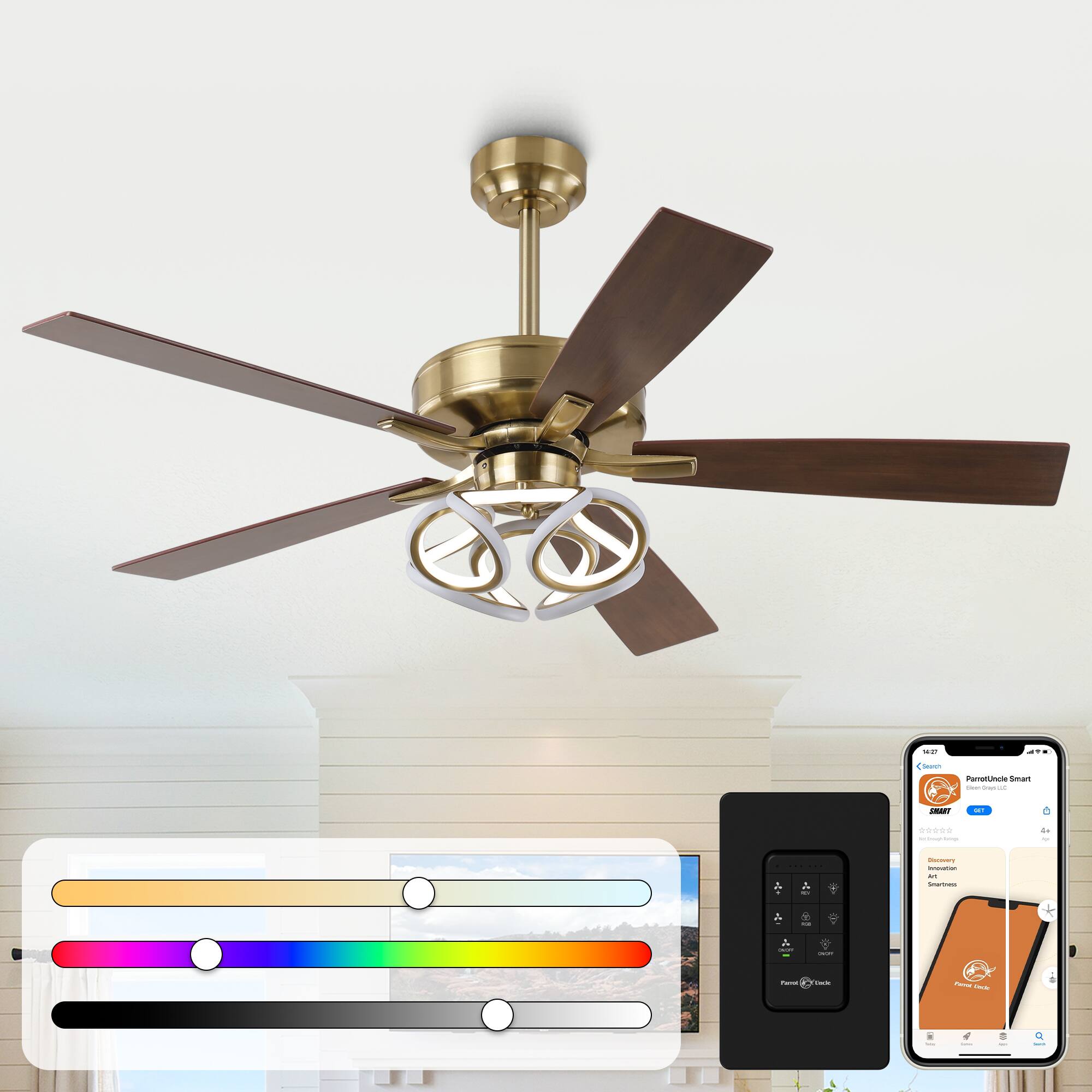Parrot Uncle - 52" Modern Smart Dimmable LED Ceiling Fan with Light and Remote, with App Control and LED RGB Color Changing - Gold
