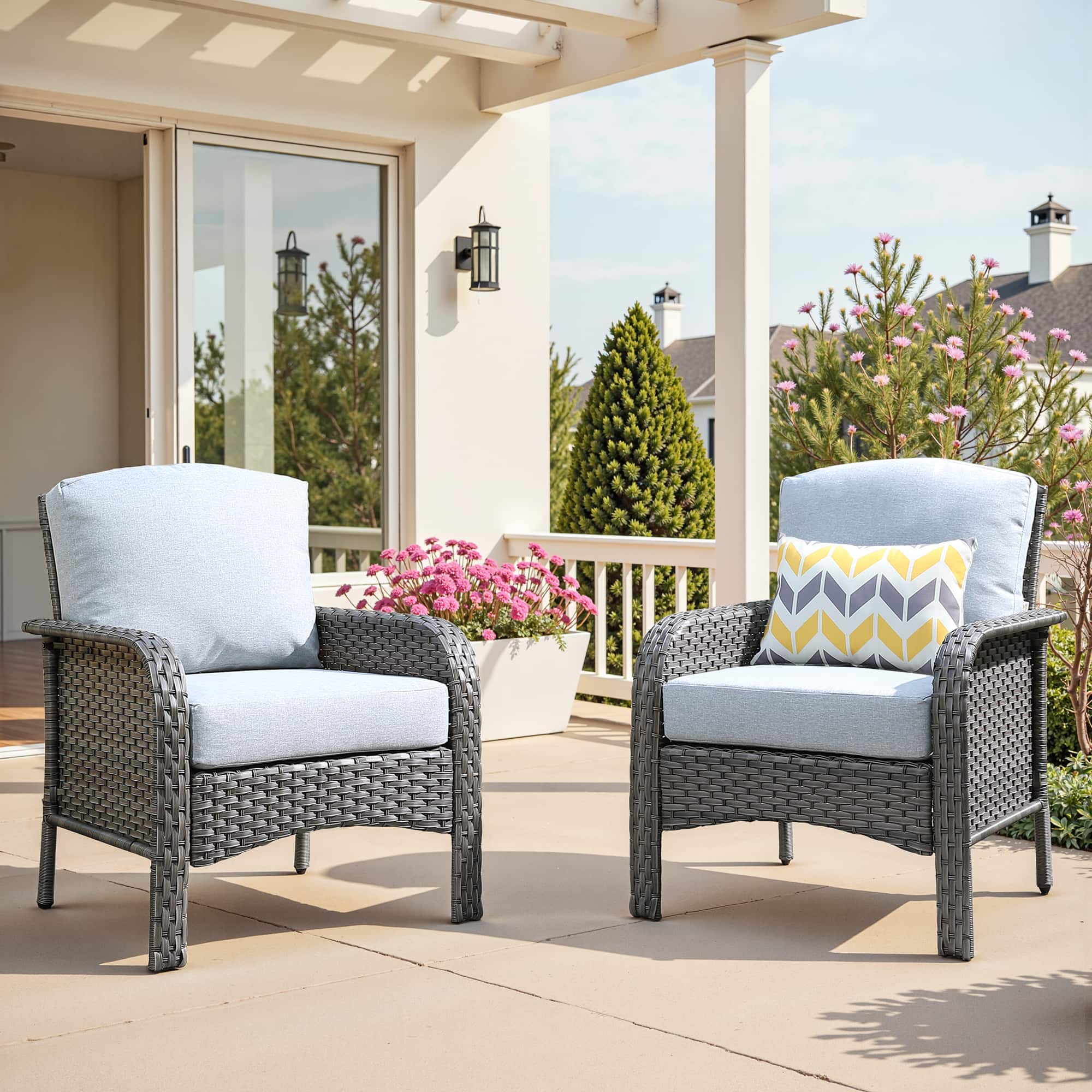 Ovios - 2 PCS Patio Furniture, Single High Back Chair, Rattan Outdoor Armchair with Cushion - Gray