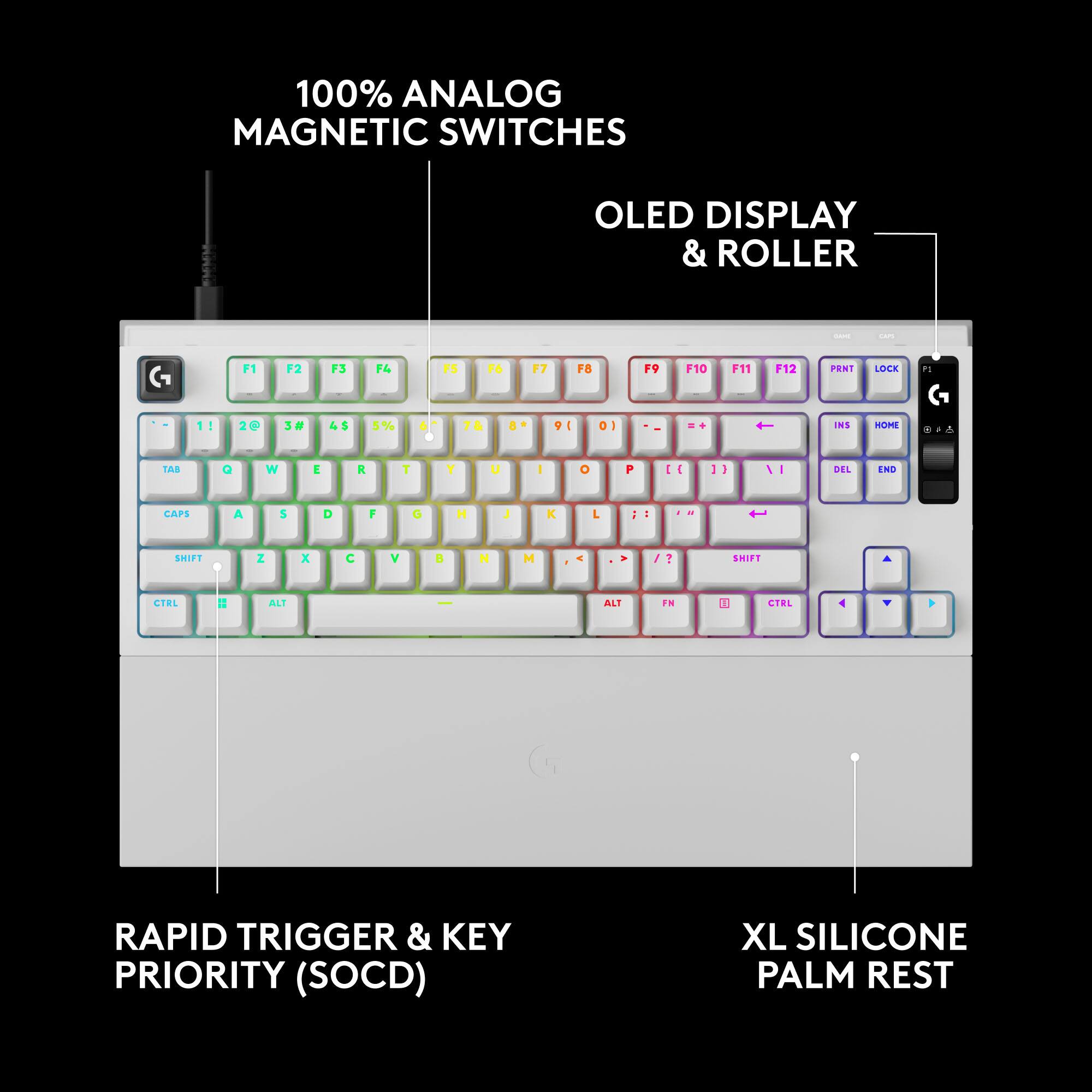 100% ANALOG MAGNETIC SWITCHES  
OLED DISPLAY & ROLLER  
GAME  
F1  
F2  
F3  
F4  
F5  
F6  
F7  
F8  
F9  
F10  
F11  
F12  
PRNT  
LOCK  
?  
1!  
2@  
3#  
4$  
5%  
6  
7&  
8  
90  
0)  
NS  
HOME  
TAB  
Q  
W  
E  
R  
T  
Y  
U  
|  
O  
P  
[{  
}]  
VI  
DEL  
END  
CAPS  
A  
S  
D  
F  
G  
H  
1  
K  
L  
/  
N  
SHIFT  
Z  
X  
V  
N  
M  
SHIFT  
CTRL  
ALT  
ALT  
FN  
CTRL  
RAPID TRIGGER & KEY PRIORITY (SOCD)  
XL SILICONE PALM REST