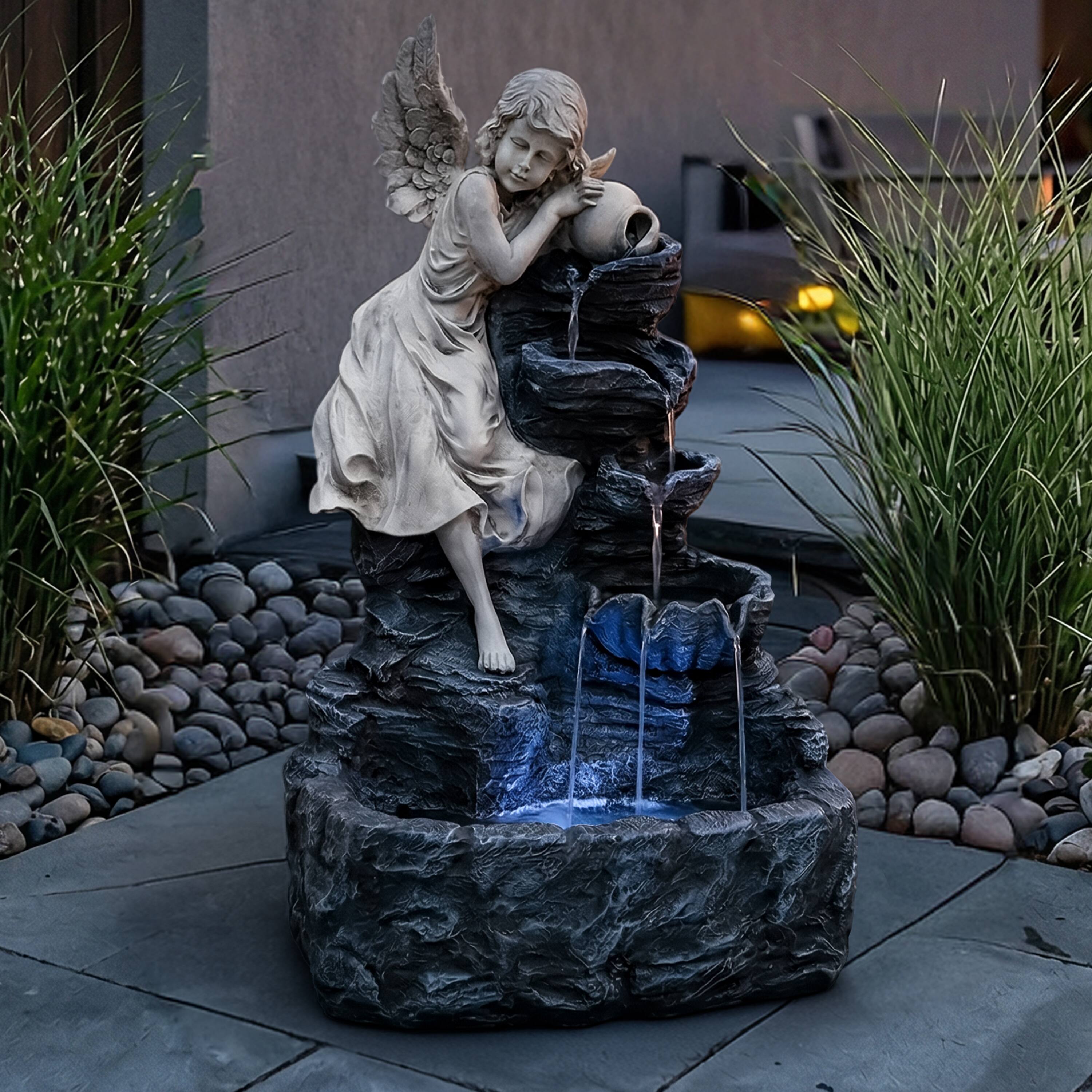 Alt View 10. Sunnydaze - Angel Falls Solar Water Fountain with Battery/LED Lights - 29 in - Grey.
