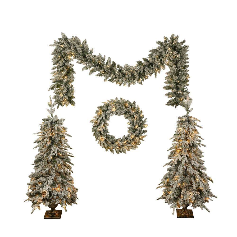 Alt View 4. Resenkos - 4-Piece Pre-Lit Christmas Decor Set, Includes Garland, Wreath and 2 Entry Trees with LED Lights, Green - Green.
