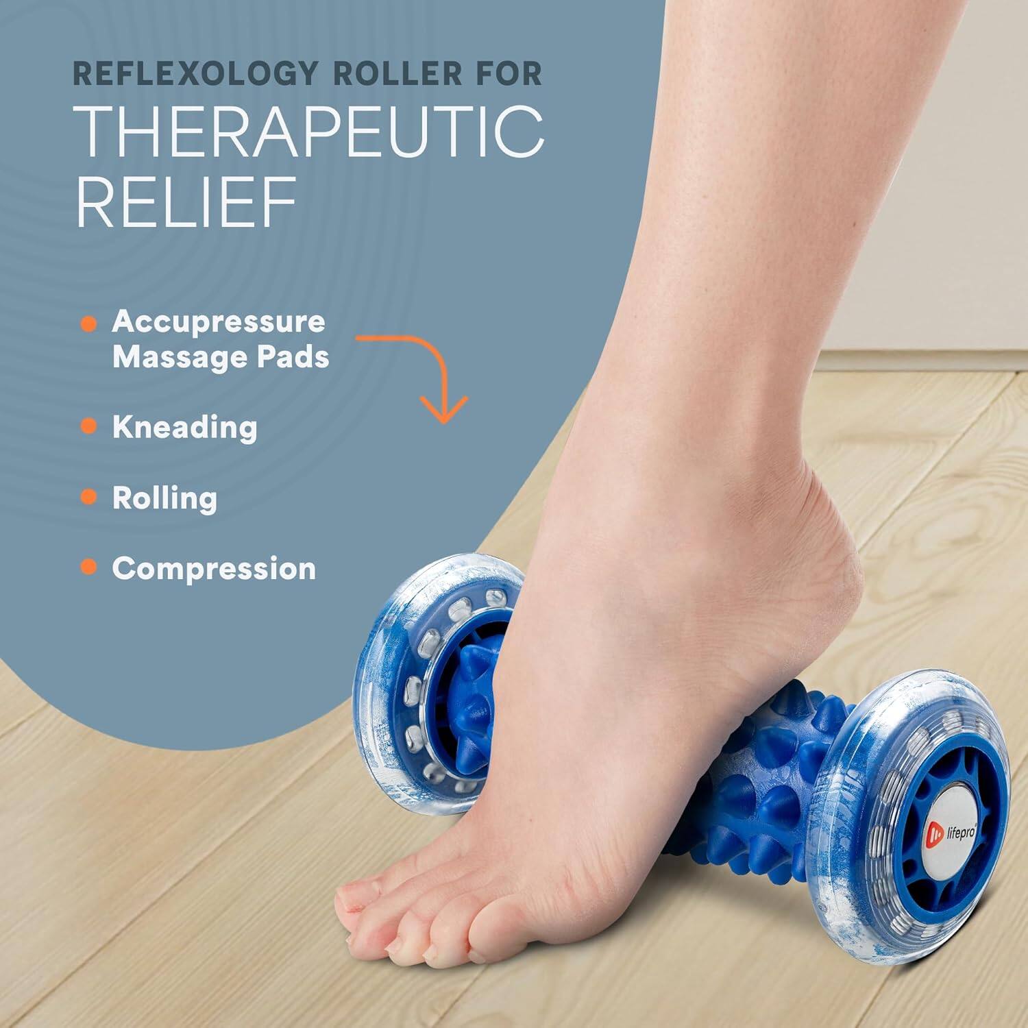 REFLEXOLOGY ROLLER FOR THERAPEUTIC RELIEF  
Accupressure Massage Pads  
Kneading  
Rolling  
Compression  

lifepro