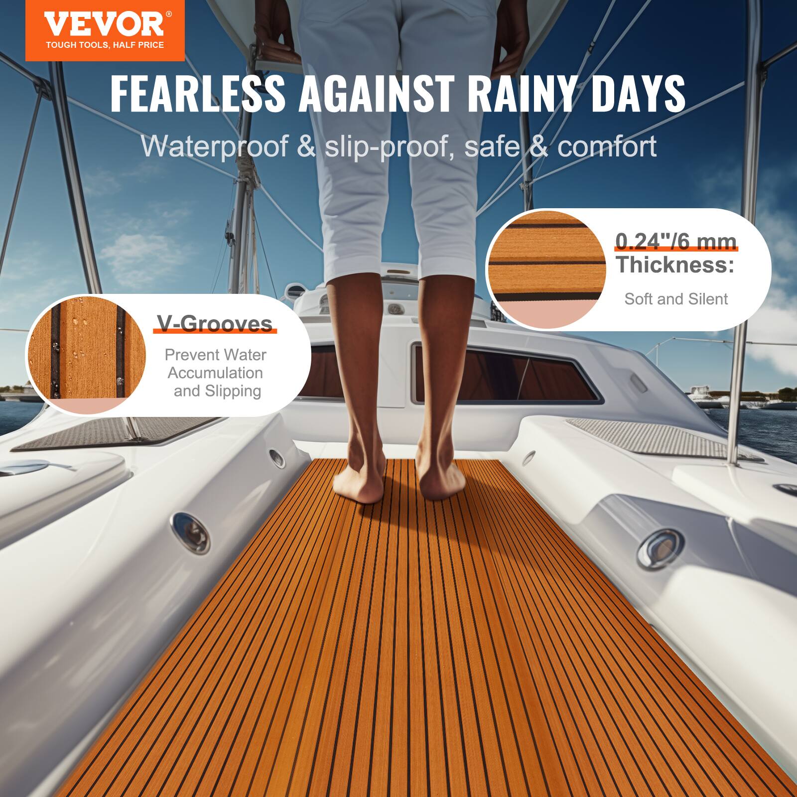 VEVOR TOUGH TOOLS, HALF PRICE

FEARLESS AGAINST RAINY DAYS

Waterproof & slip-proof, safe & comfort

V-Grooves
Prevent Water Accumulation and Slipping

0.24"/6 mm Thickness:
Soft and Silent